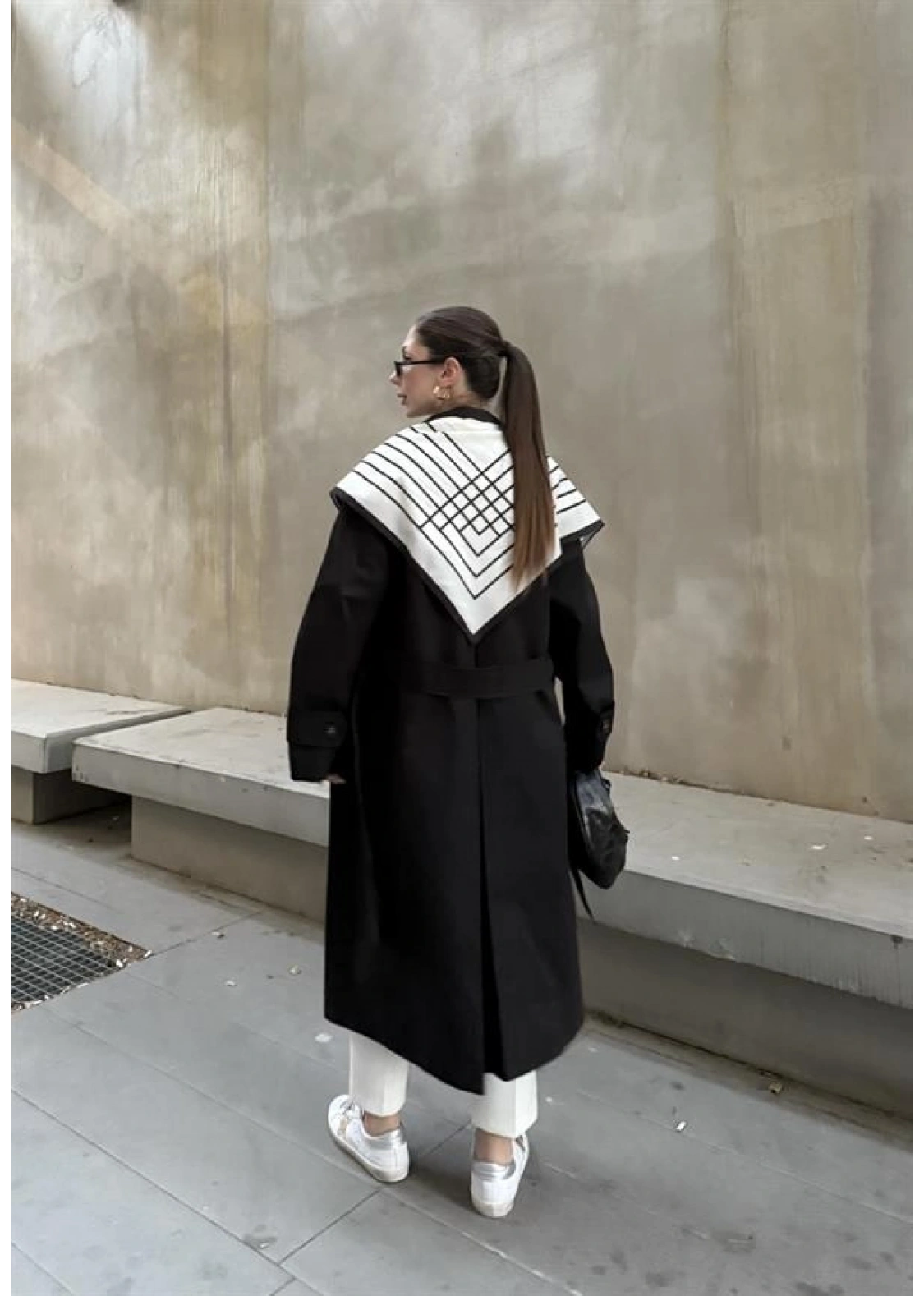 Fularlı Oversize Premium Siyah  Trençkot