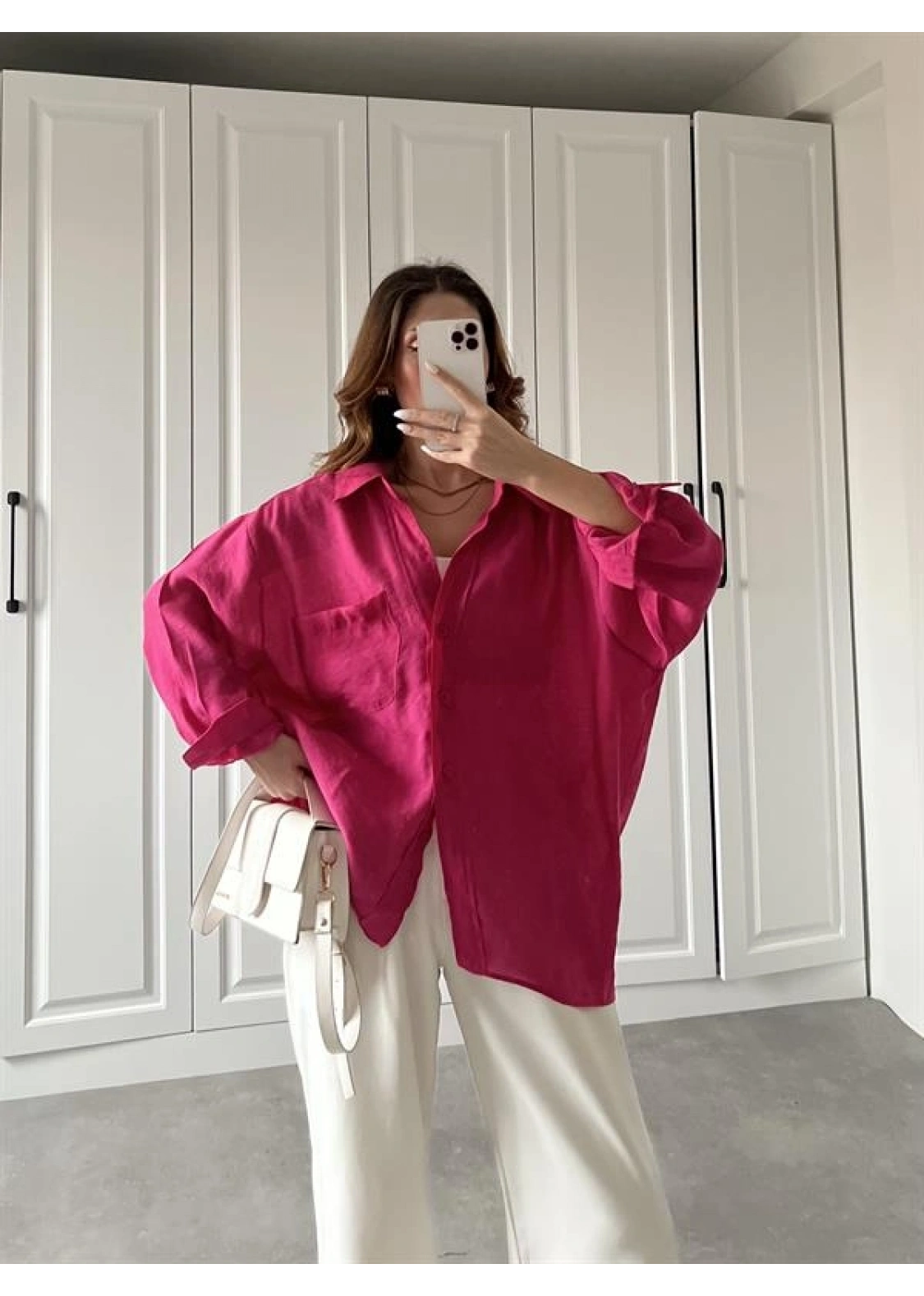 Fuşya Oversize Tensel Gömlek