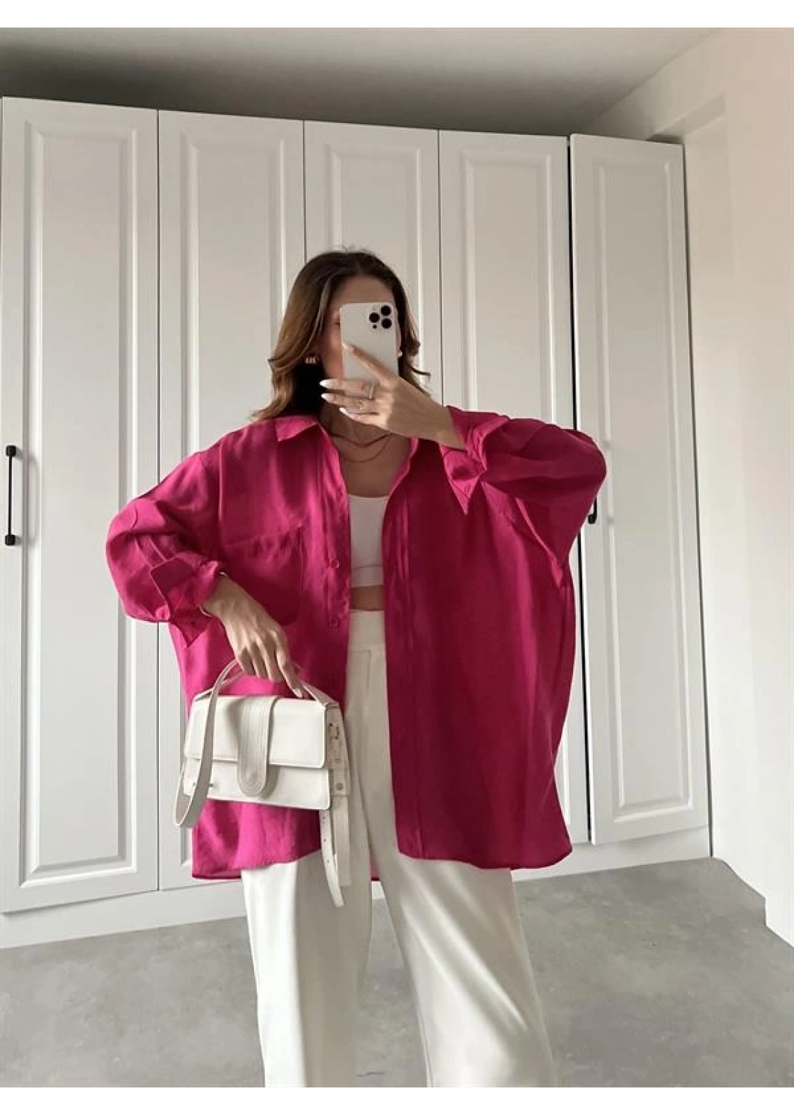 Fuşya Oversize Tensel Gömlek
