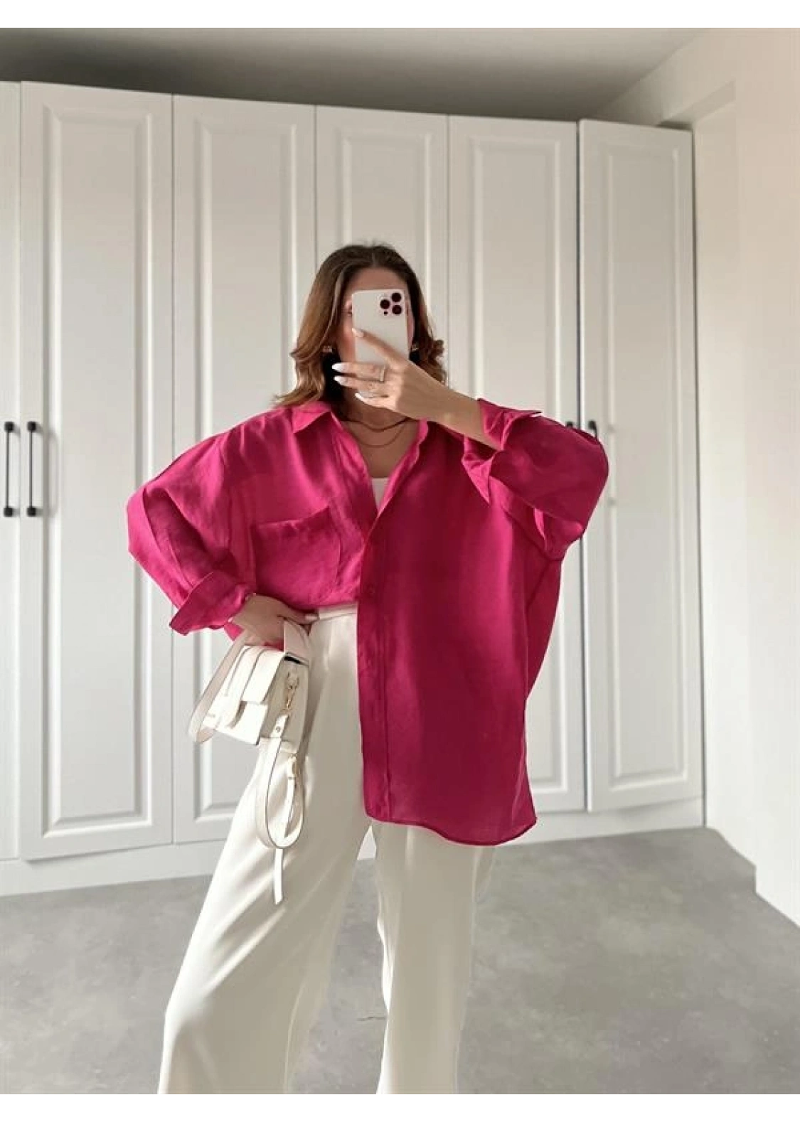 Fuşya Oversize Tensel Gömlek