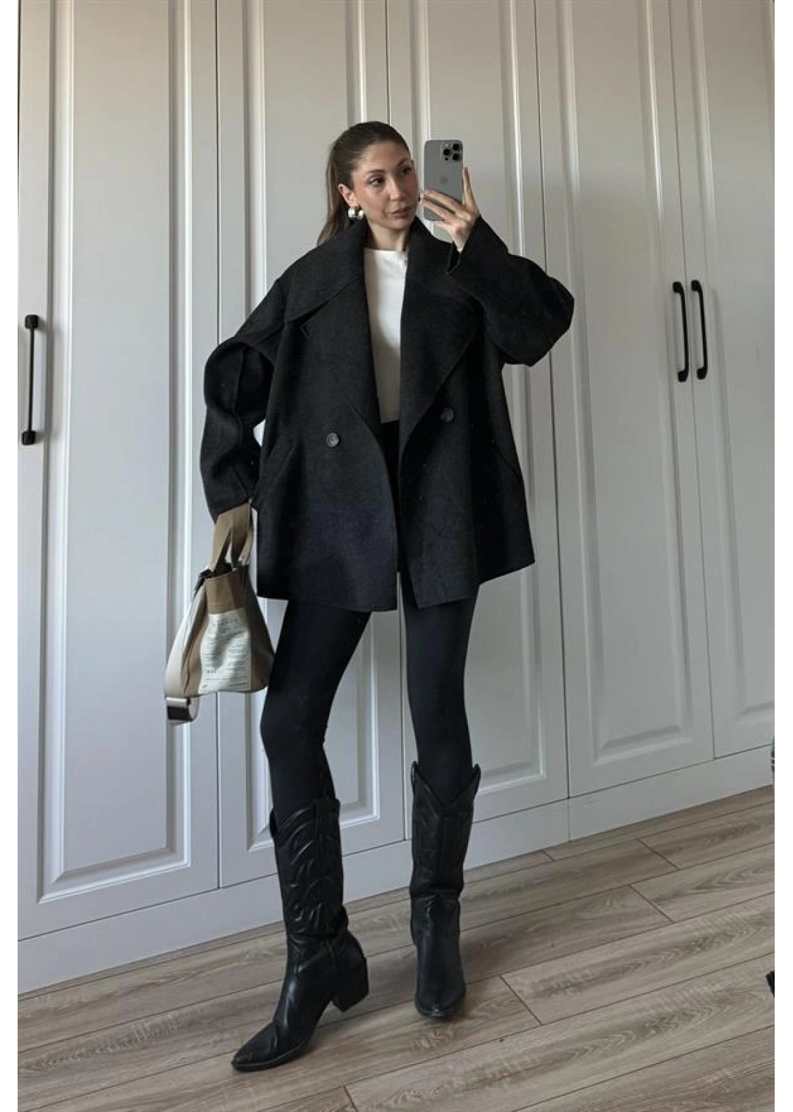 Geniş Yaka Oversize Antrasit Kaban