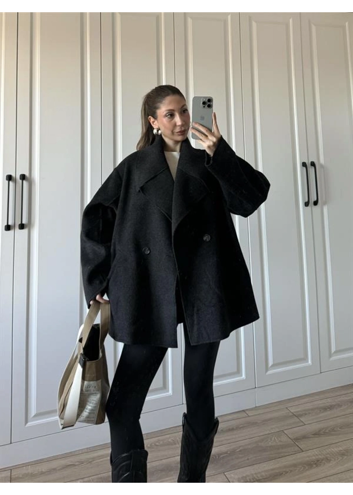 Geniş Yaka Oversize Antrasit Kaban