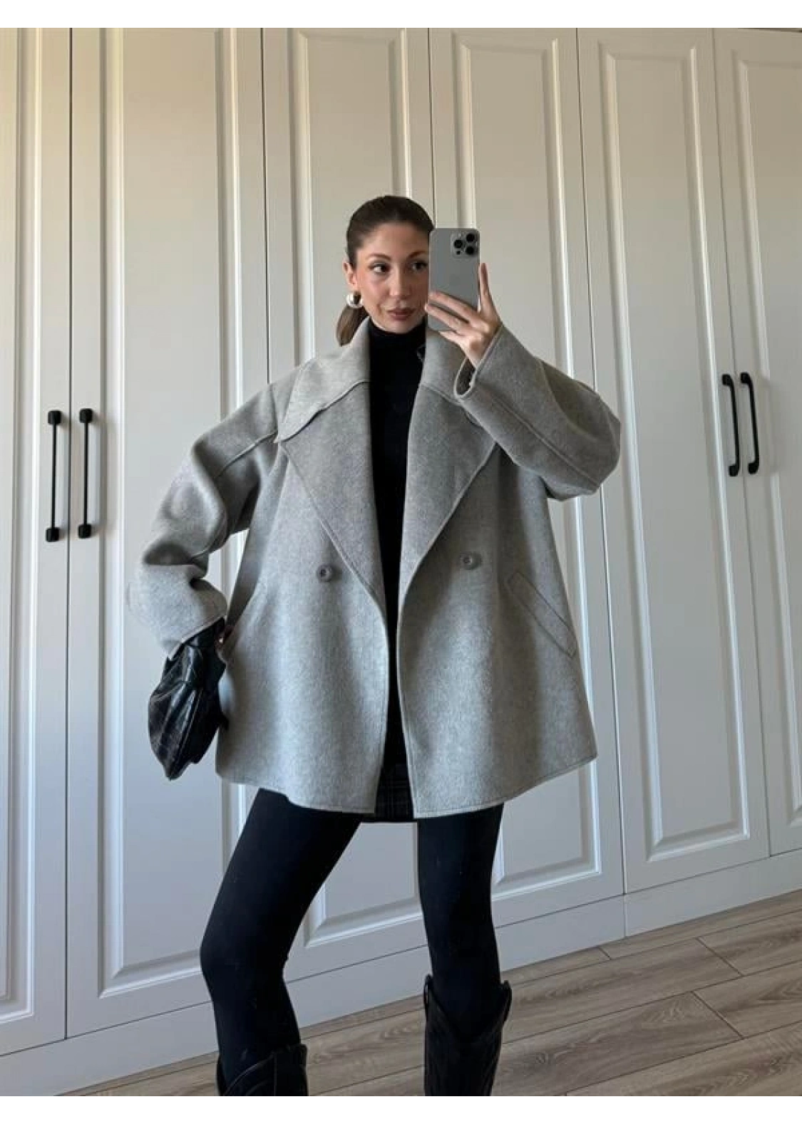 Geniş Yaka Oversize Gri Kaban