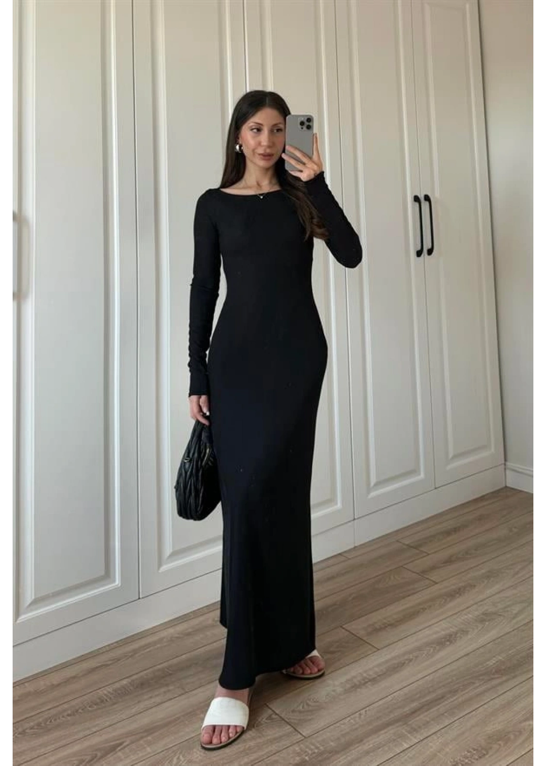 Geniş Yaka Siyah Fitilli Basic Uzun Elbise