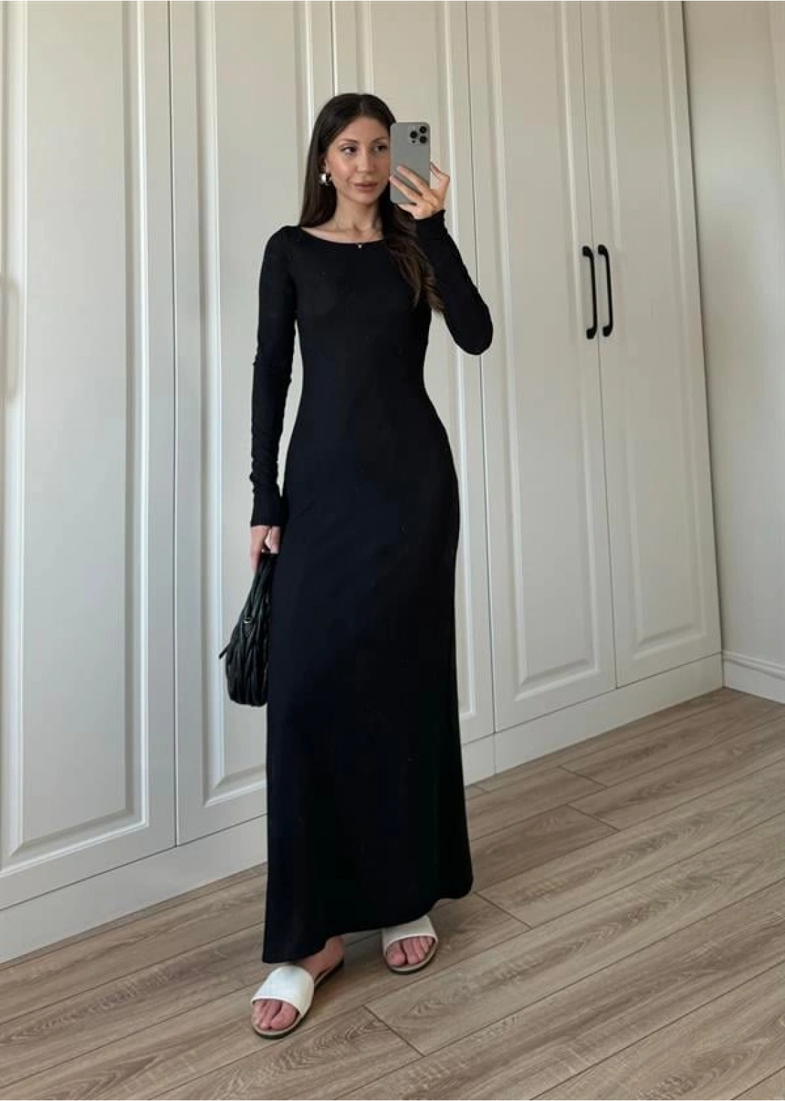 Geniş Yaka Siyah Fitilli Basic Uzun Elbise