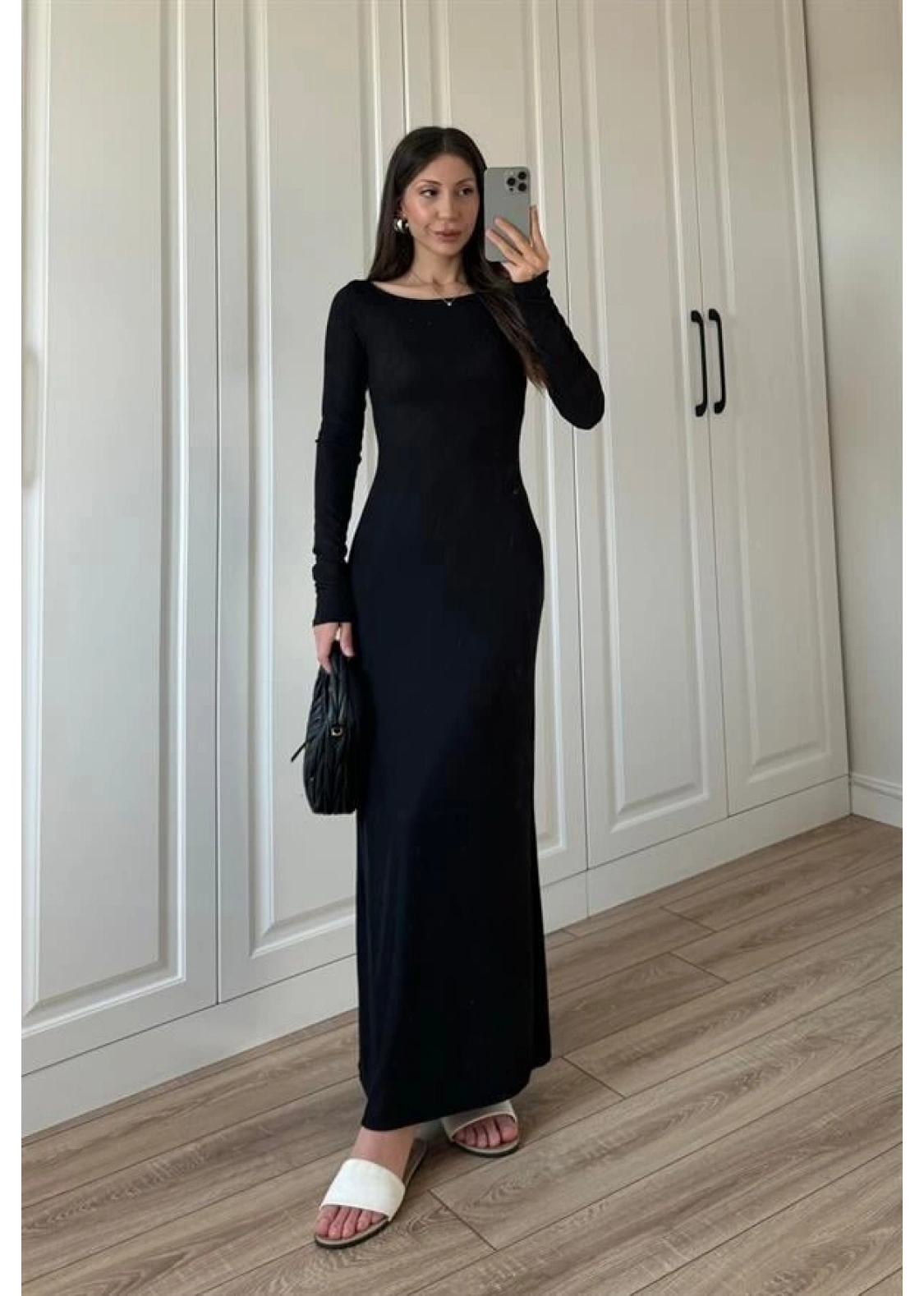 Geniş Yaka Siyah Fitilli Basic Uzun Elbise