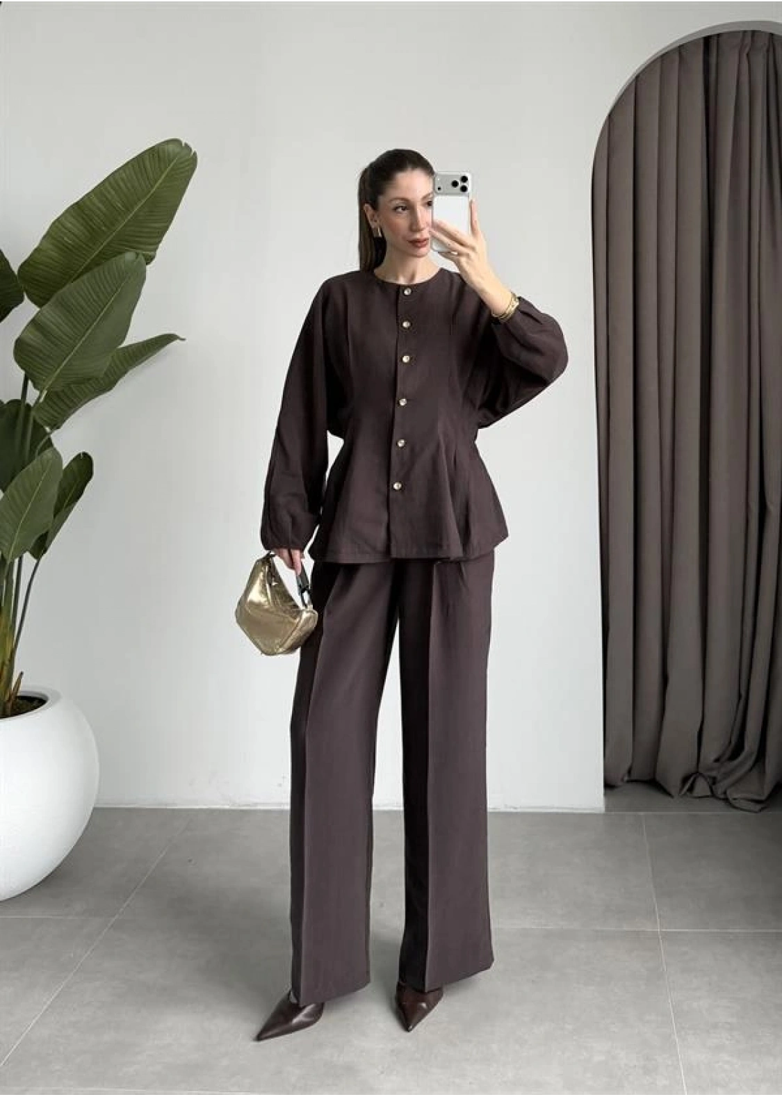 Gold Düğmeli Pile Detaylı Kahve Takım