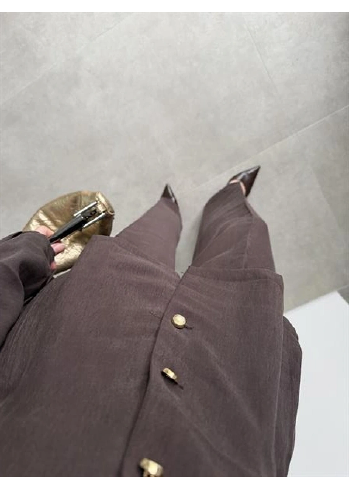 Gold Düğmeli Pile Detaylı Kahve Takım