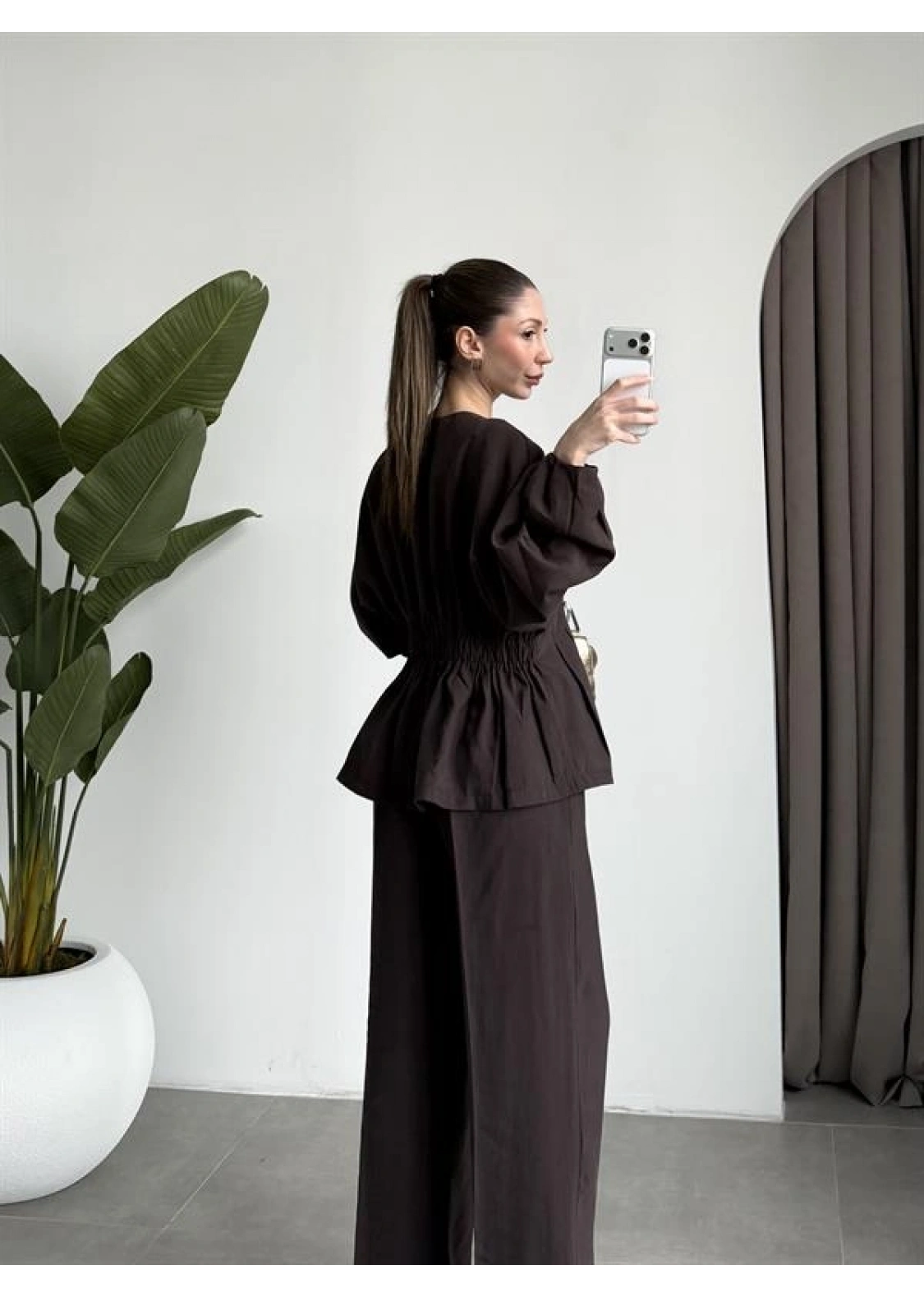 Gold Düğmeli Pile Detaylı Kahve Takım