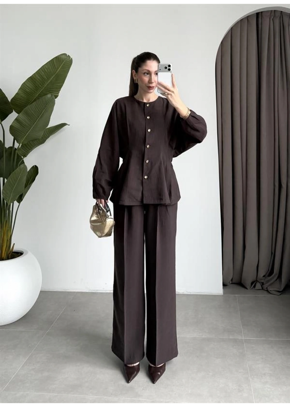 Gold Düğmeli Pile Detaylı Kahve Takım