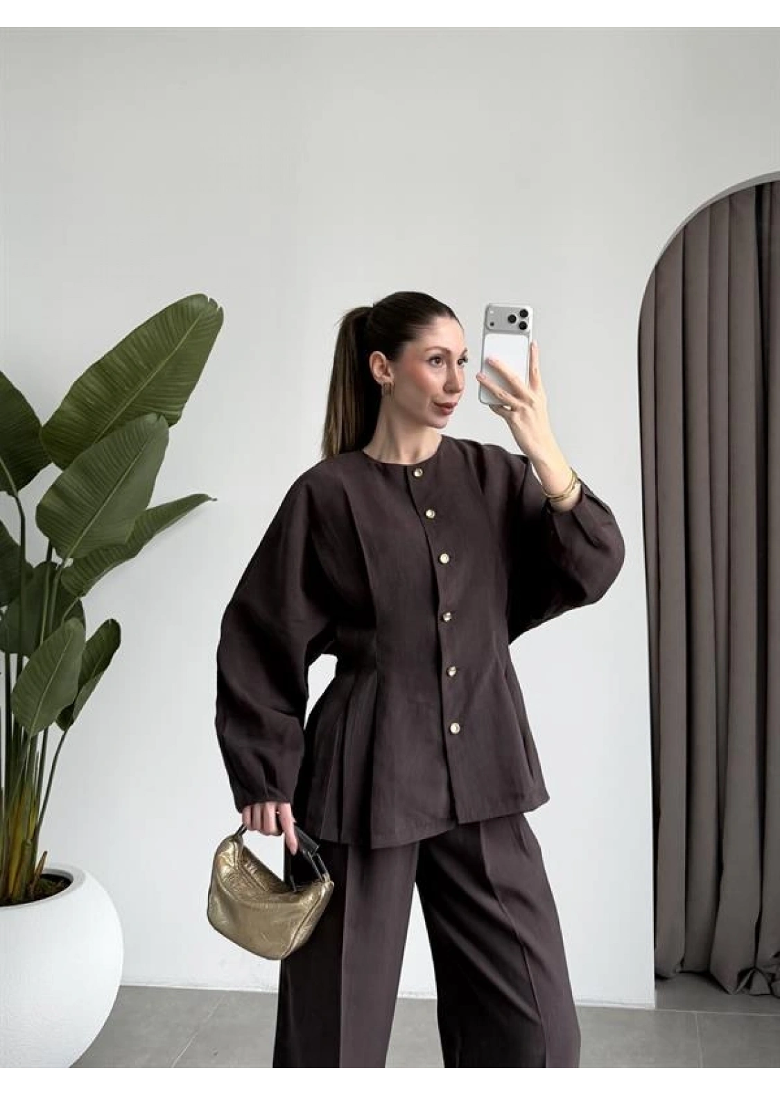 Gold Düğmeli Pile Detaylı Kahve Takım