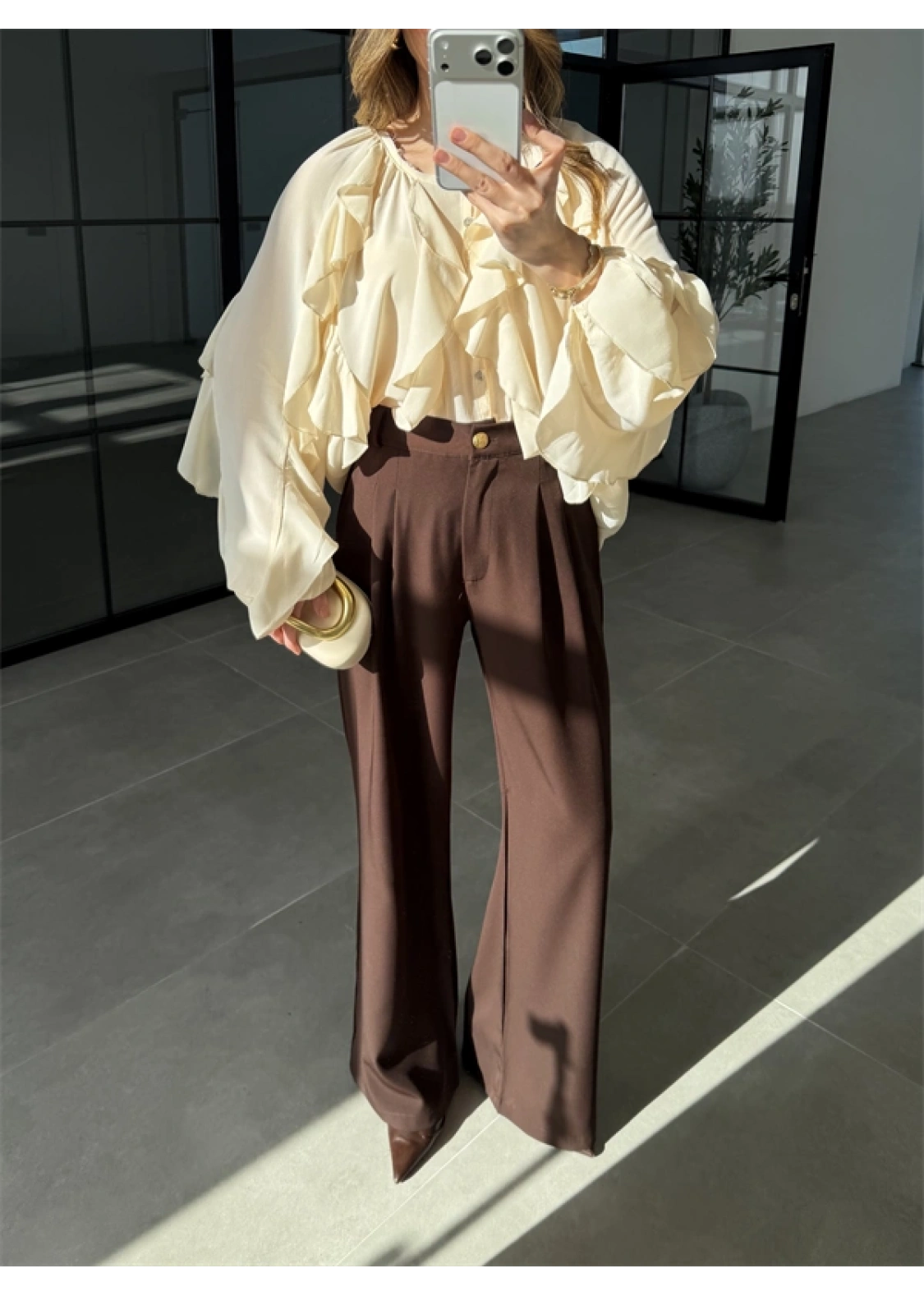 Gold Düğmeli Pileli Kahve Palazzo Pantolon