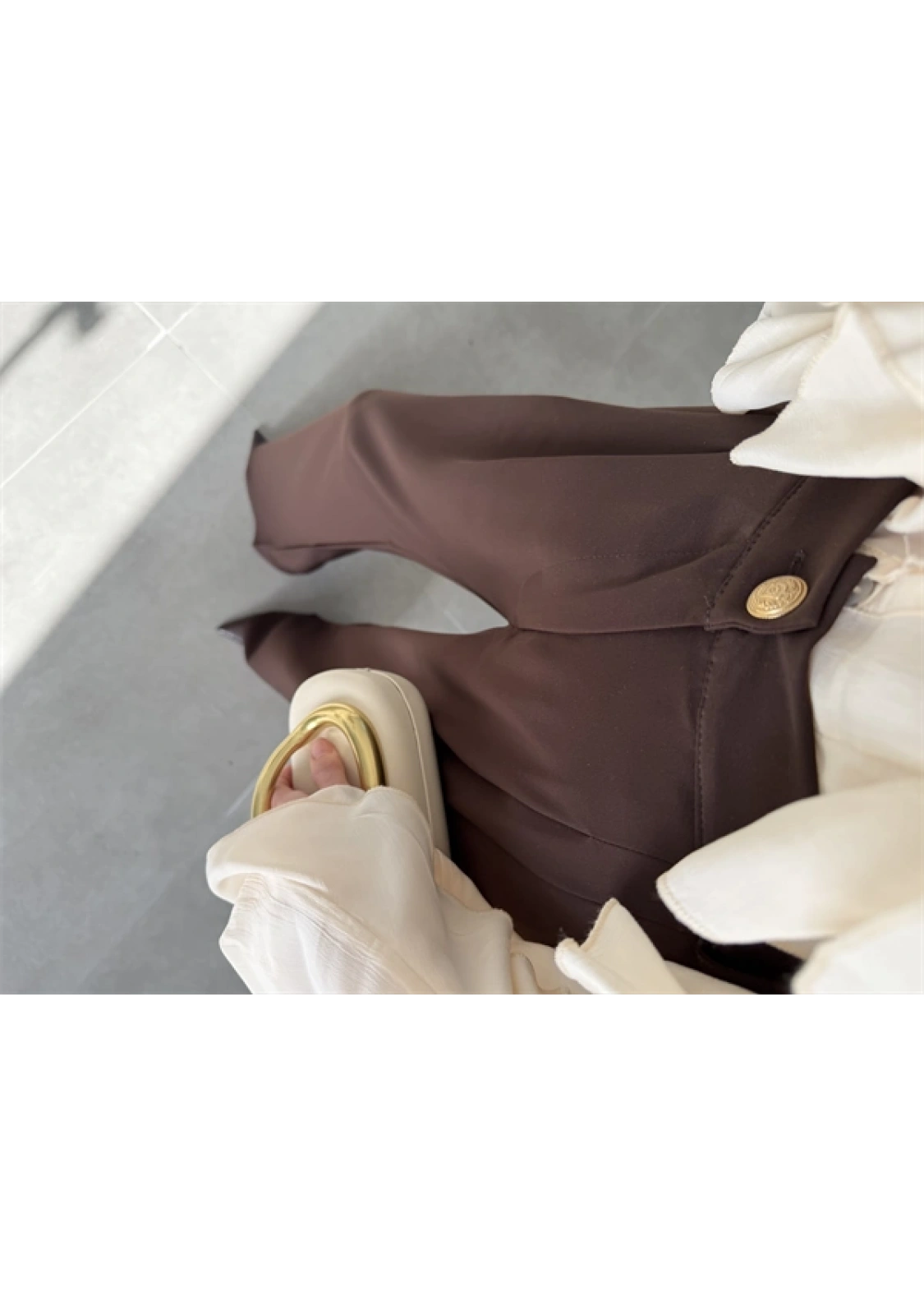 Gold Düğmeli Pileli Kahve Palazzo Pantolon