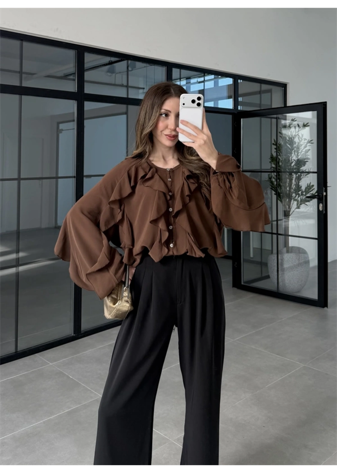 Gold Düğmeli Pileli Siyah Palazzo Pantolon