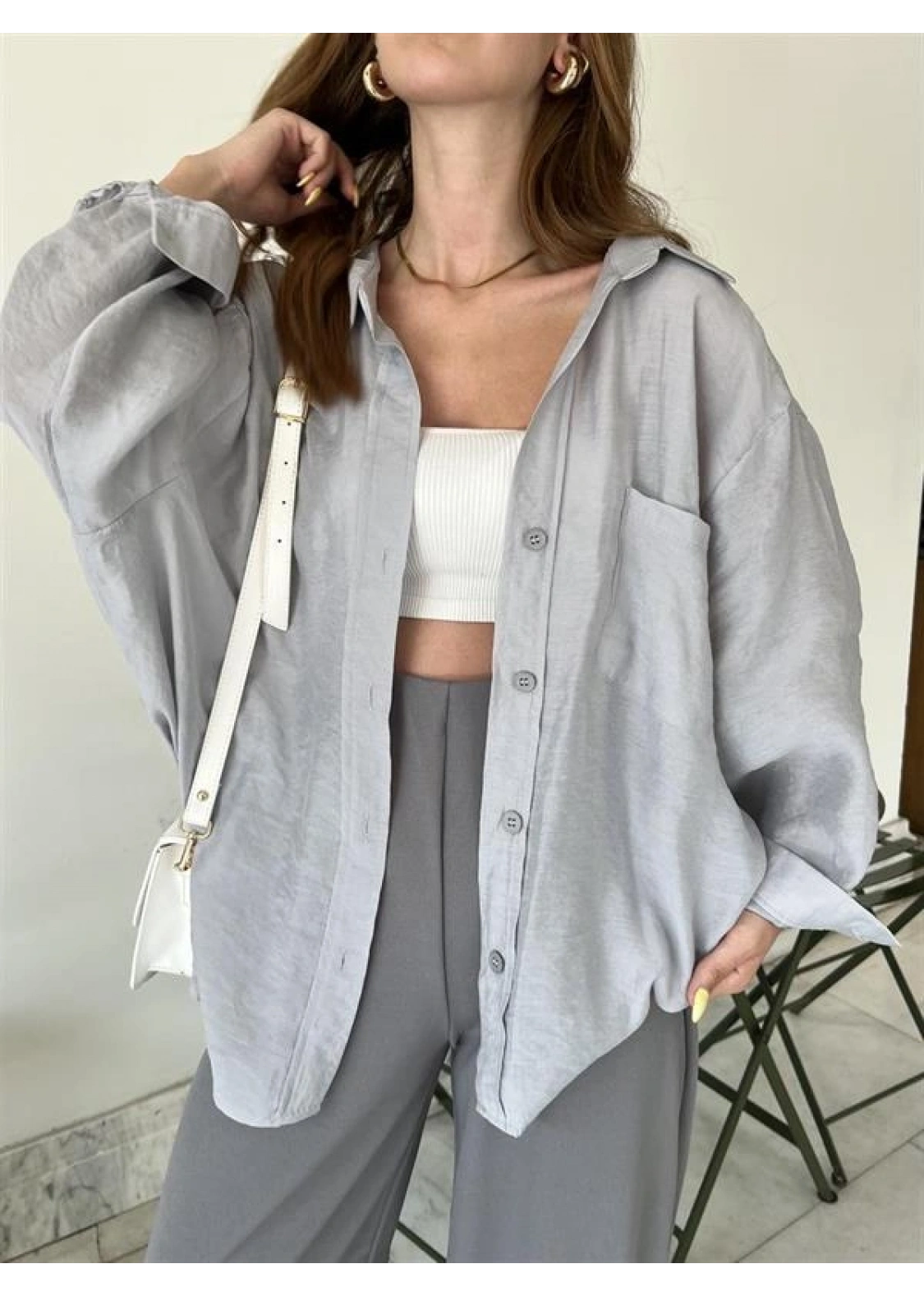 Gri Oversize Tensel Gömlek