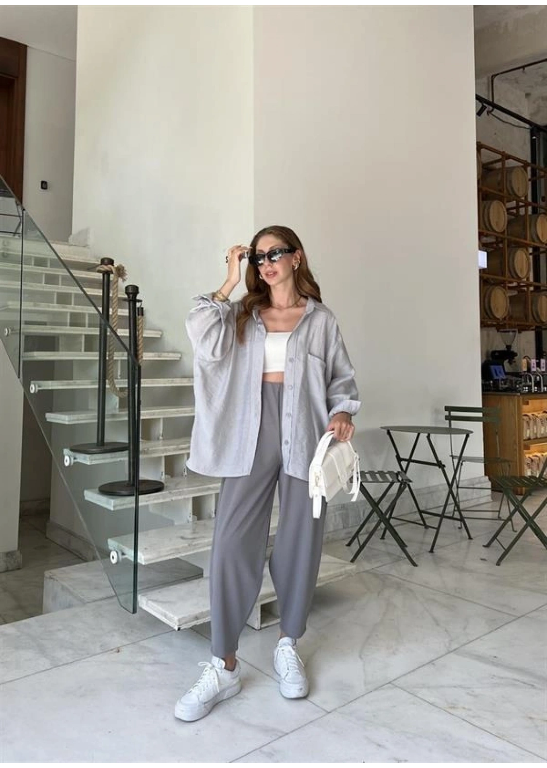 Gri Oversize Tensel Gömlek