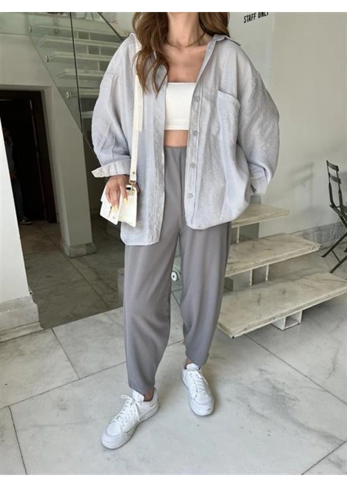 Gri Oversize Tensel Gömlek