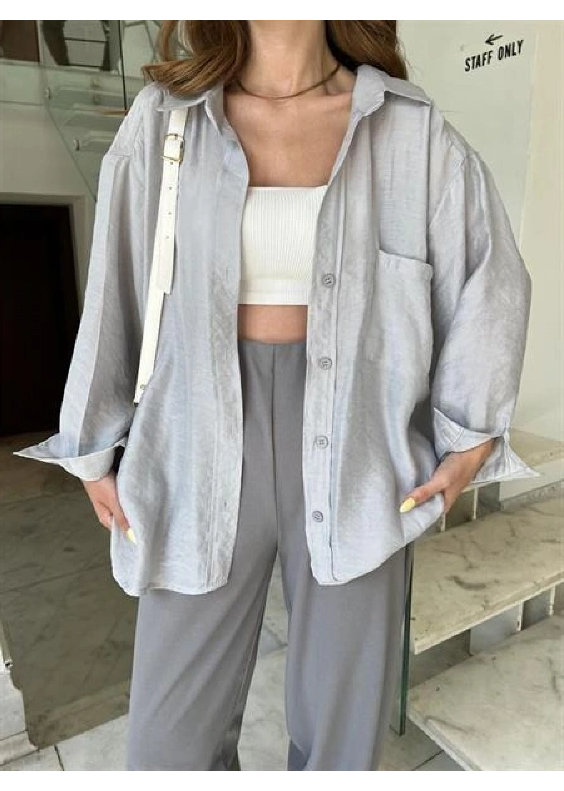 Gri Oversize Tensel Gömlek