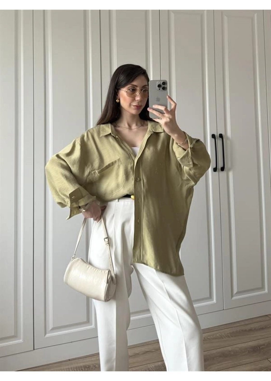 Haki Oversize Tensel Gömlek