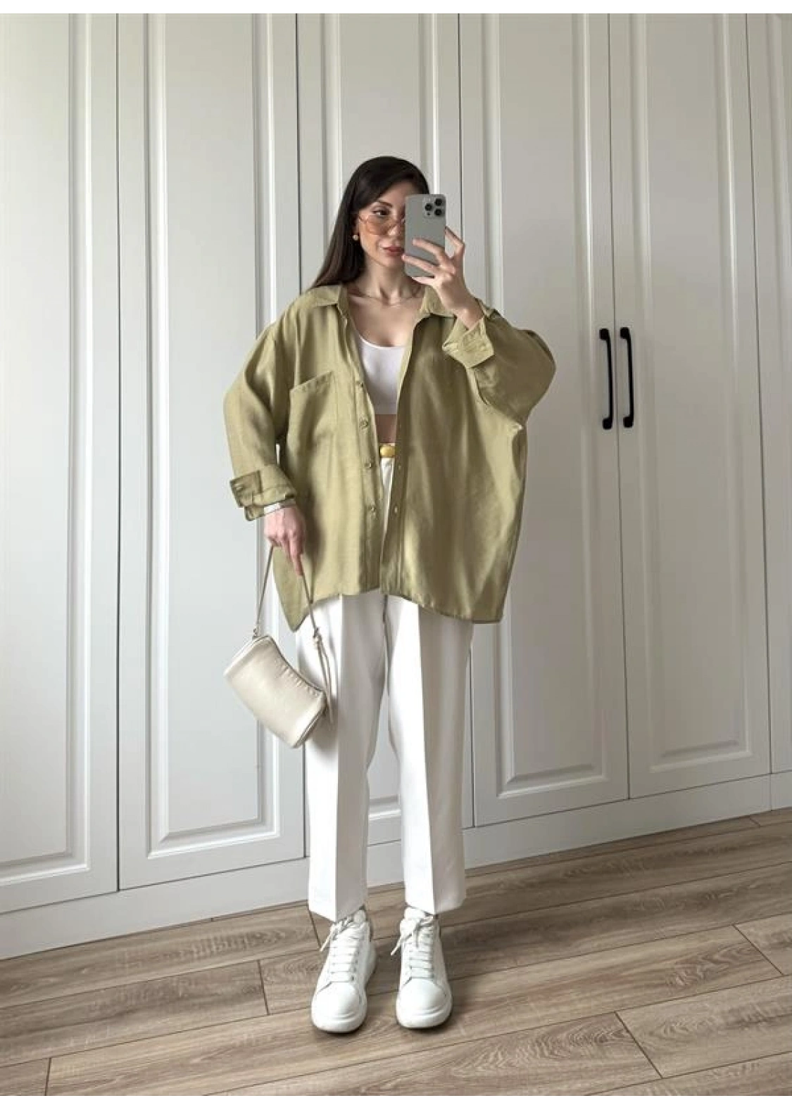 Haki Oversize Tensel Gömlek