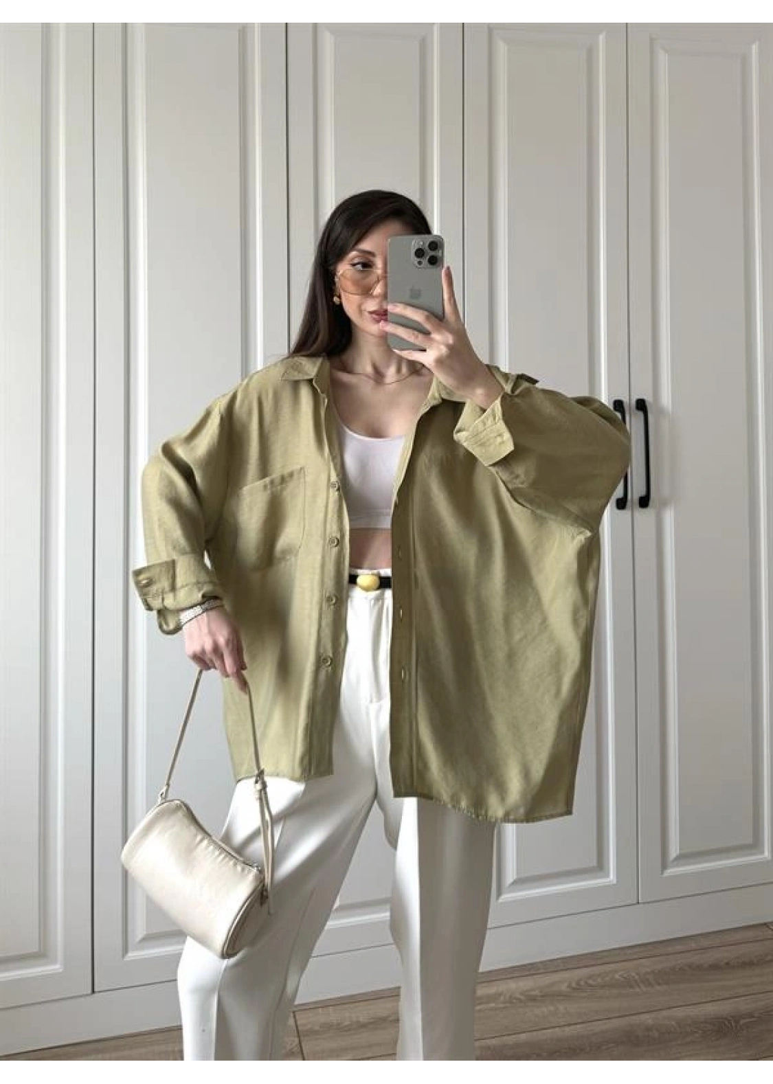 Haki Oversize Tensel Gömlek