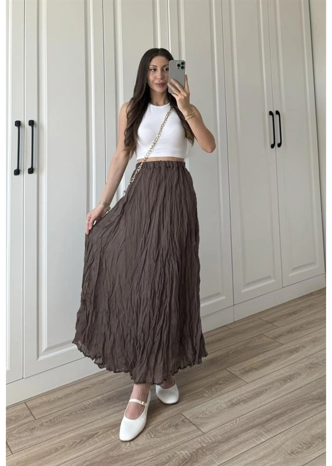 Holla Astarlı Kırışık Kahve Tül Etek