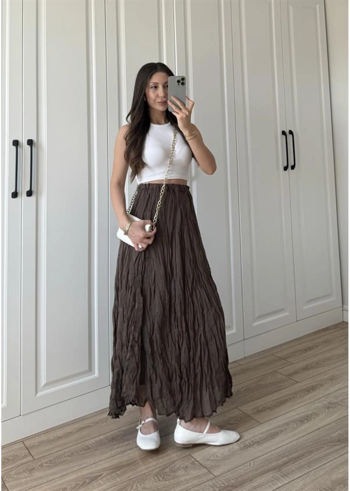 Holla Astarlı Kırışık Kahve Tül Etek