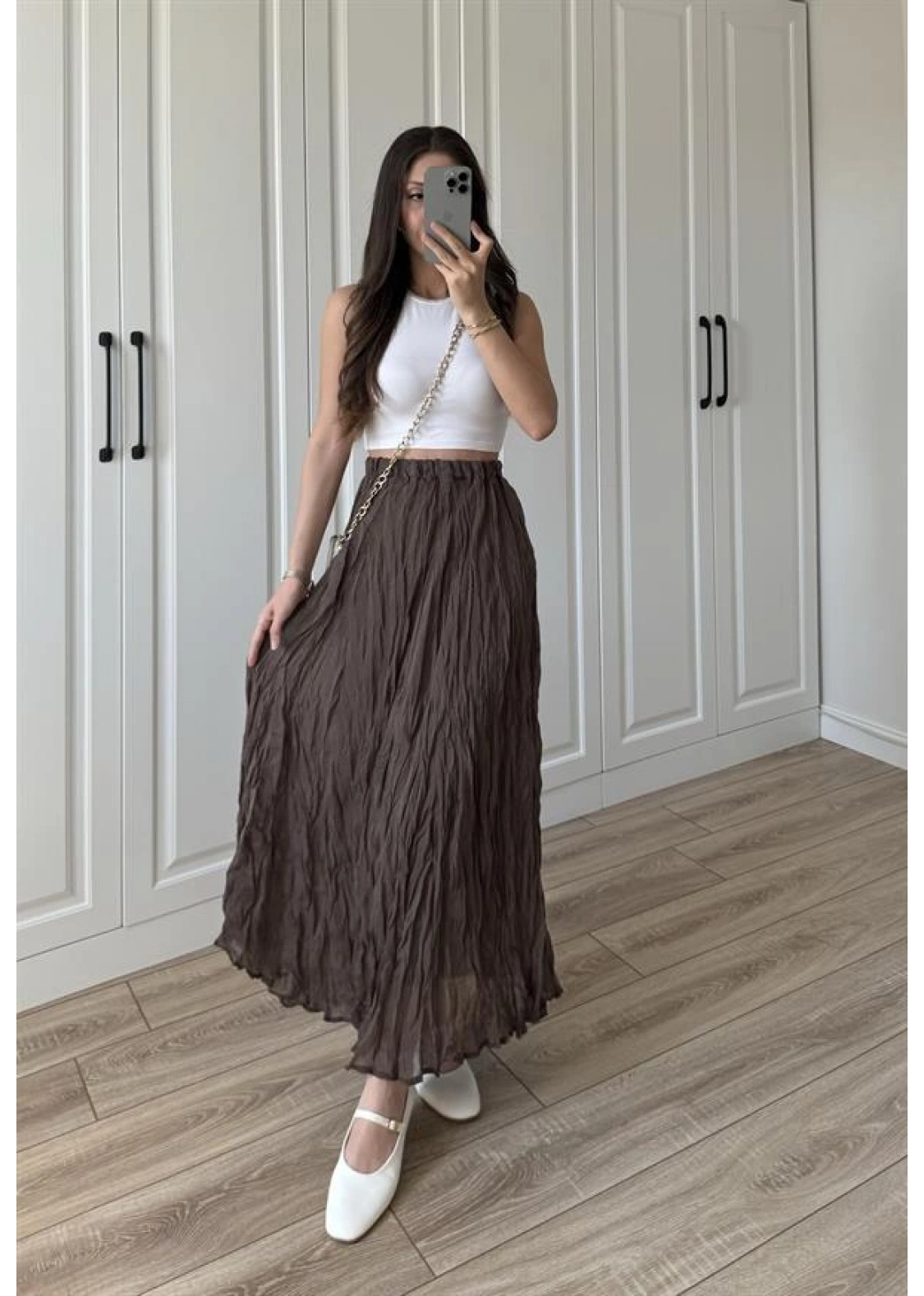 Holla Astarlı Kırışık Kahve Tül Etek