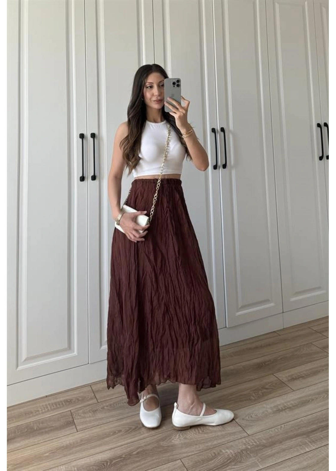 Holla Astarlı Kırışık Tarçın Tül Etek