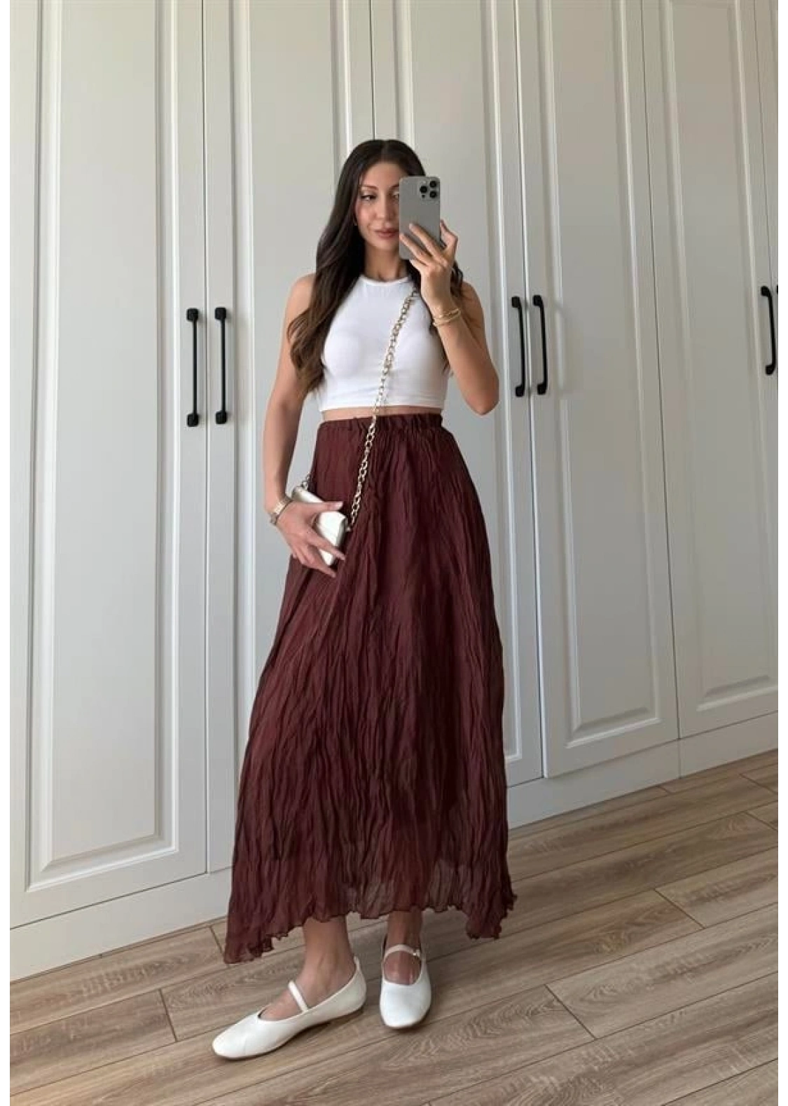 Holla Astarlı Kırışık Tarçın Tül Etek