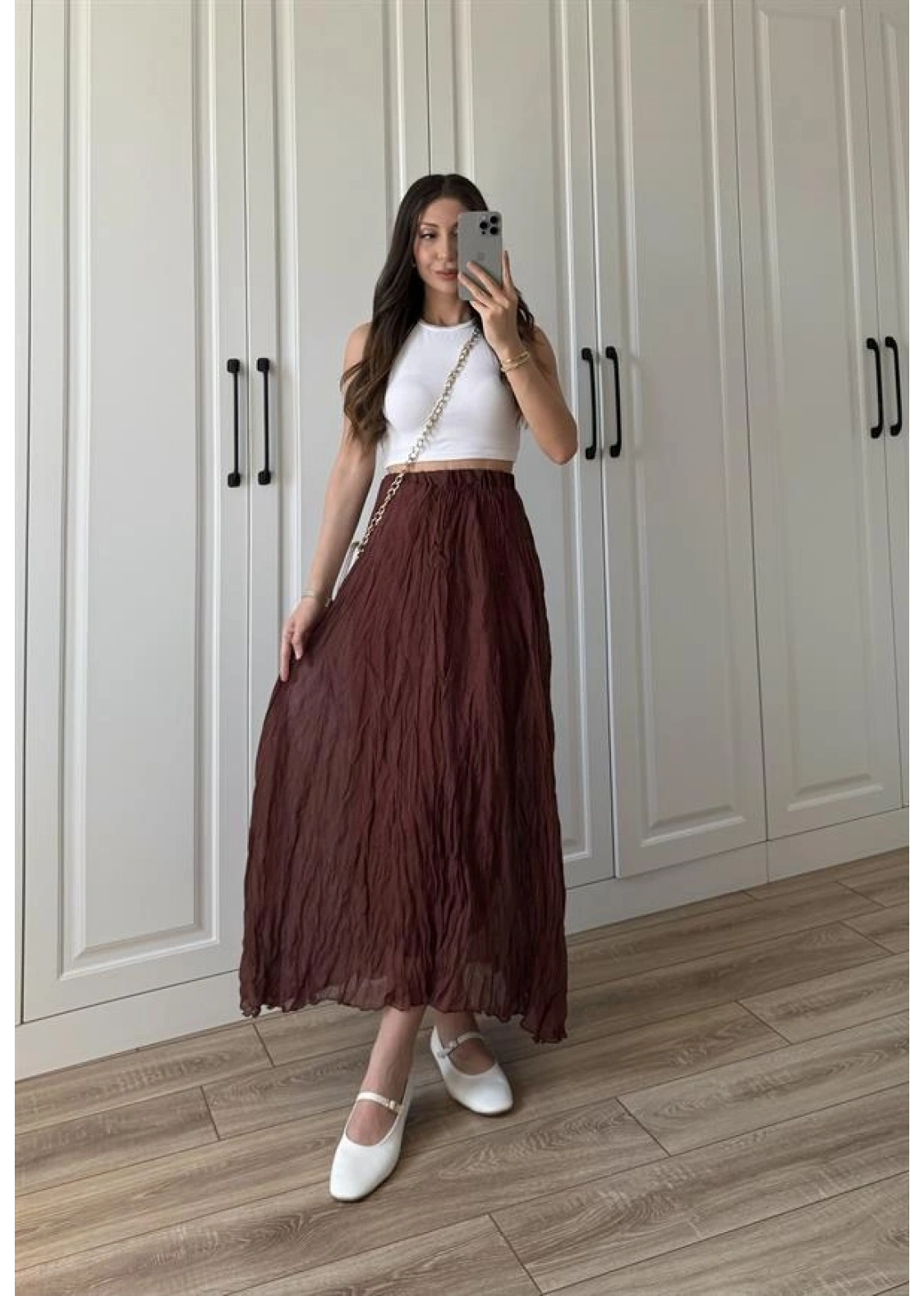 Holla Astarlı Kırışık Tarçın Tül Etek