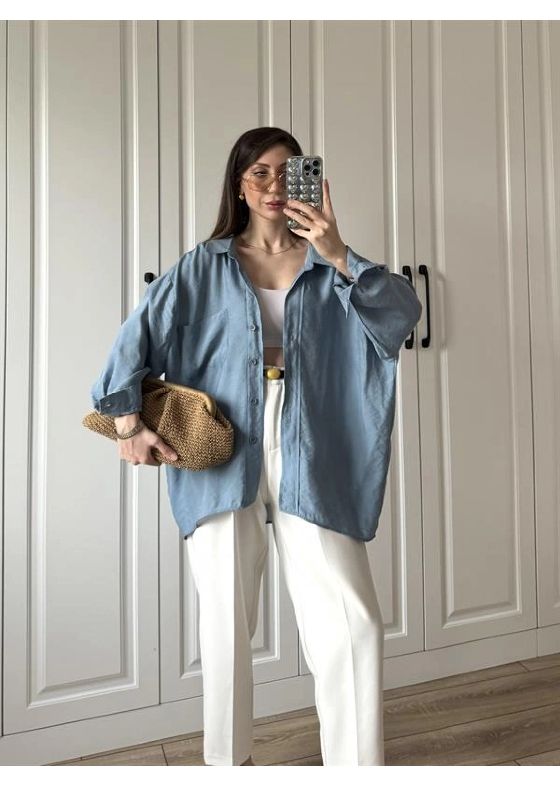 İndigo Oversize Tensel Gömlek