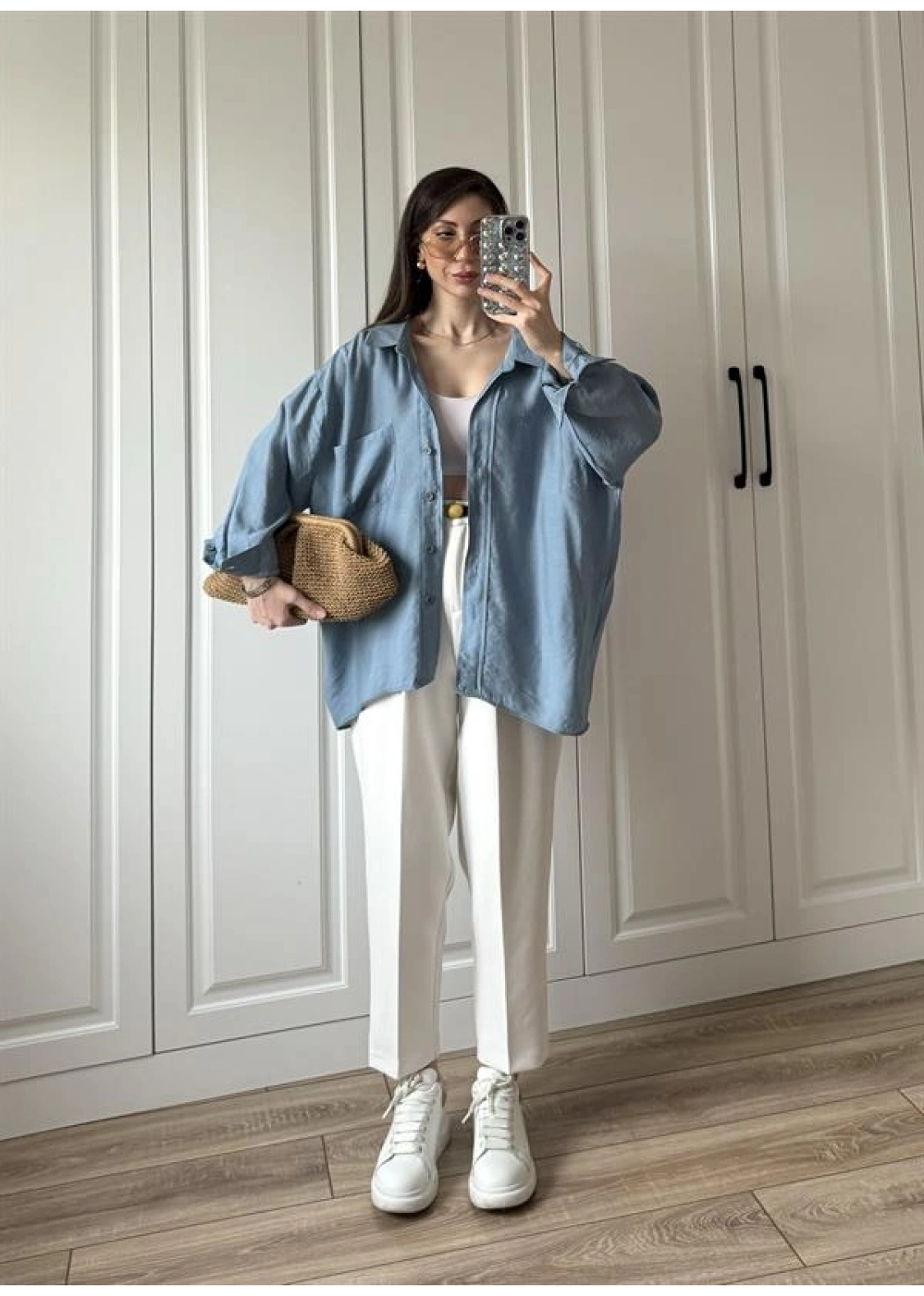 İndigo Oversize Tensel Gömlek