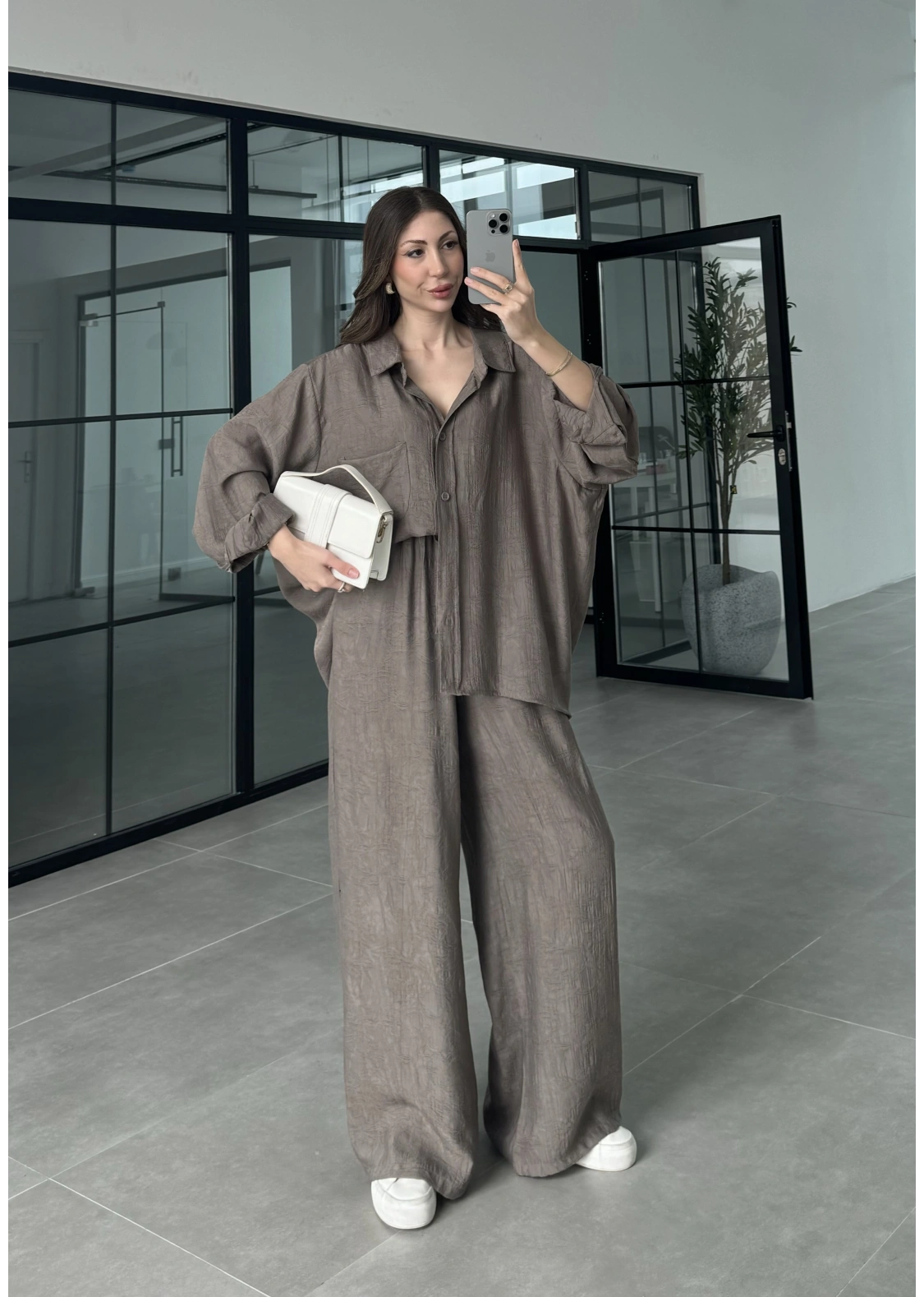 İthal Kumaş Desenli Oversize Duman Gömlek Takım