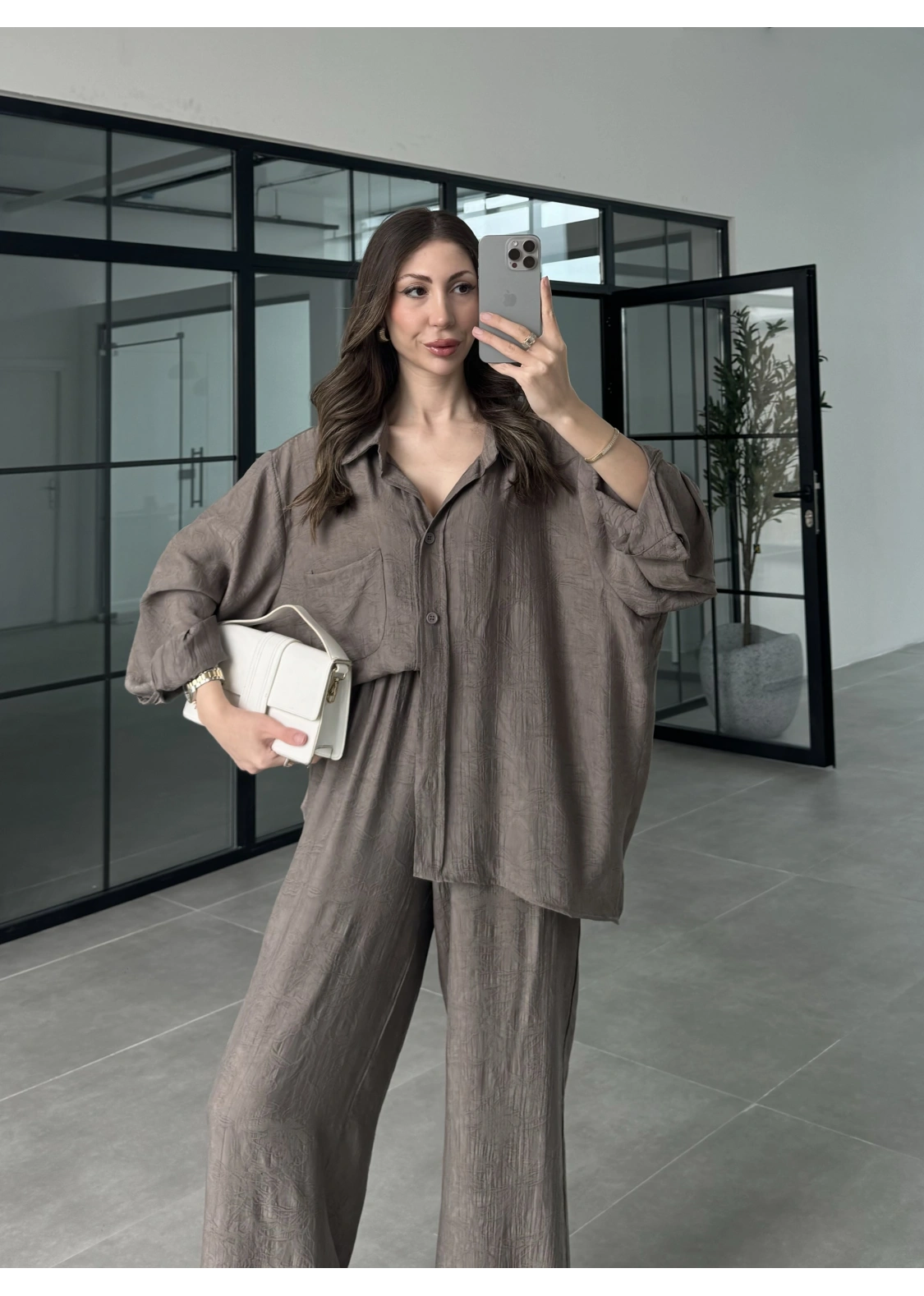 İthal Kumaş Desenli Oversize Duman Gömlek Takım