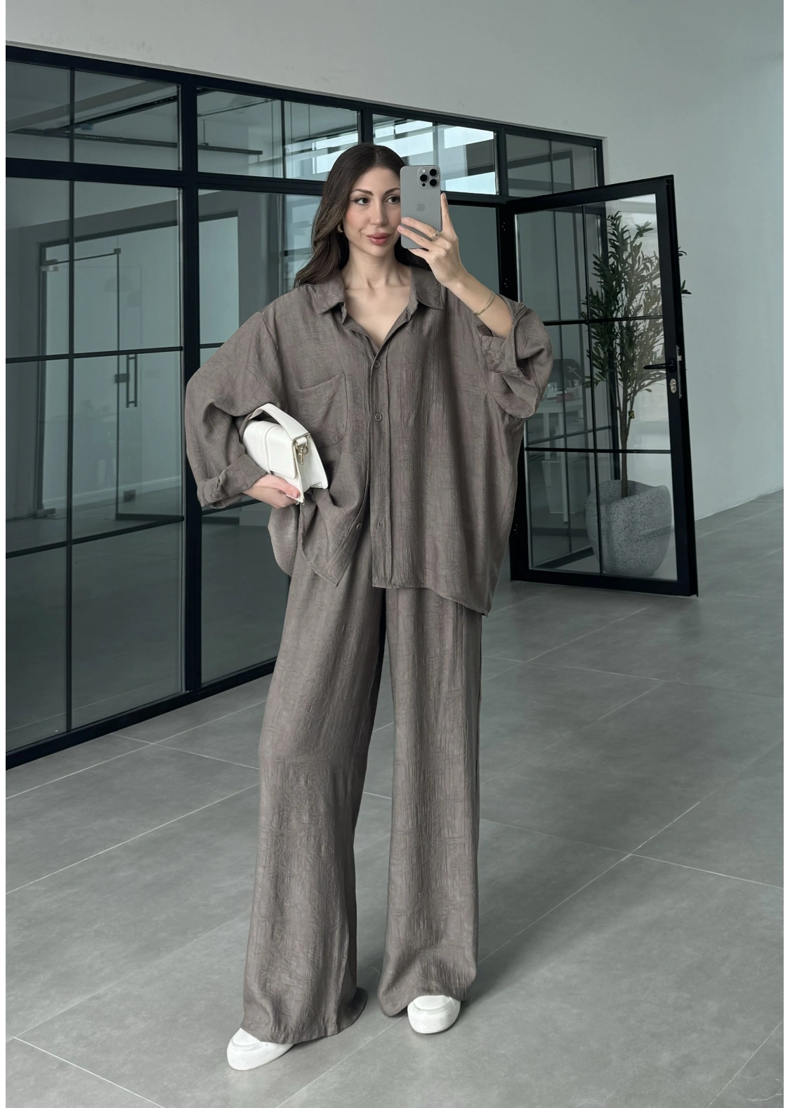 İthal Kumaş Desenli Oversize Duman Gömlek Takım