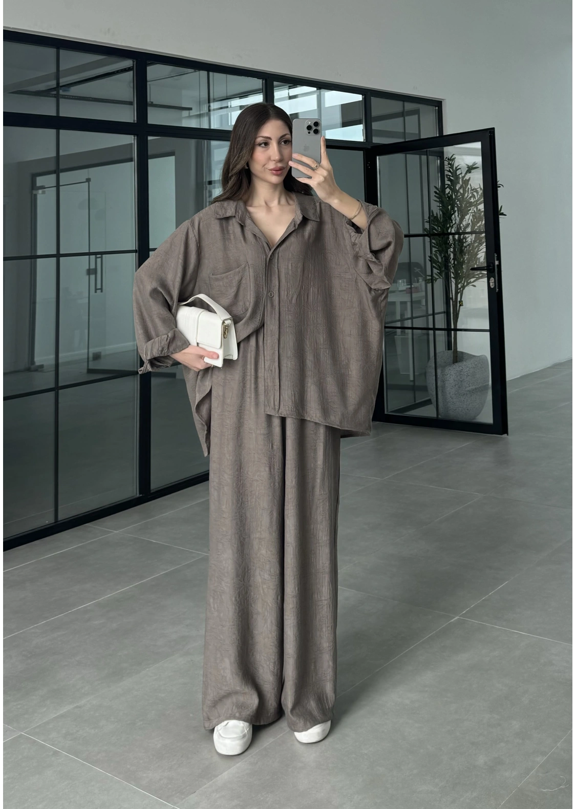 İthal Kumaş Desenli Oversize Duman Gömlek Takım