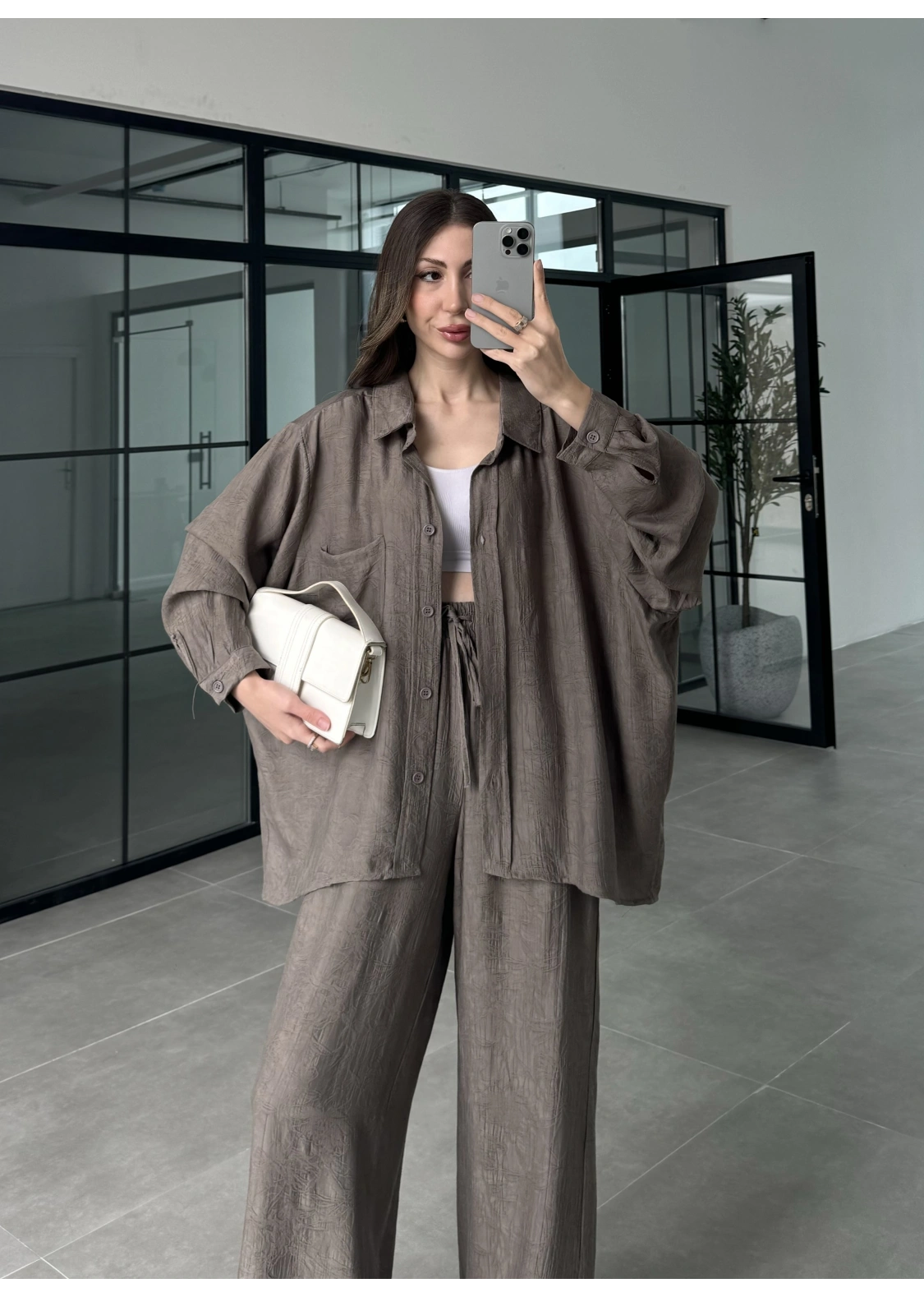 İthal Kumaş Desenli Oversize Duman Gömlek Takım