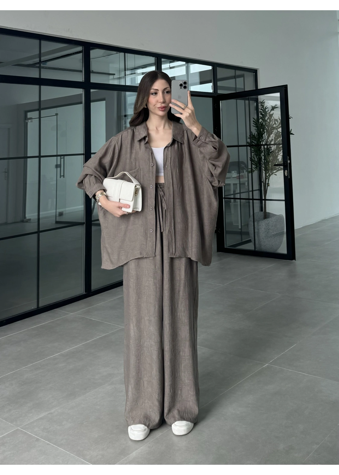 İthal Kumaş Desenli Oversize Duman Gömlek Takım