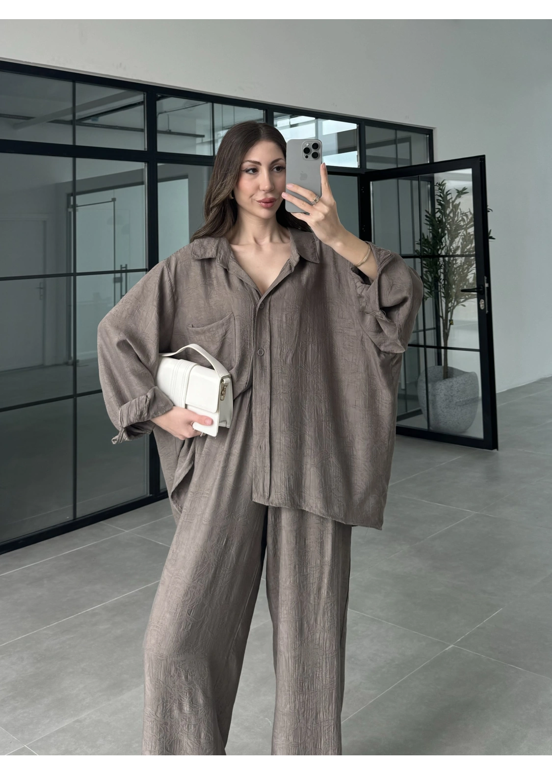 İthal Kumaş Desenli Oversize Duman Gömlek Takım