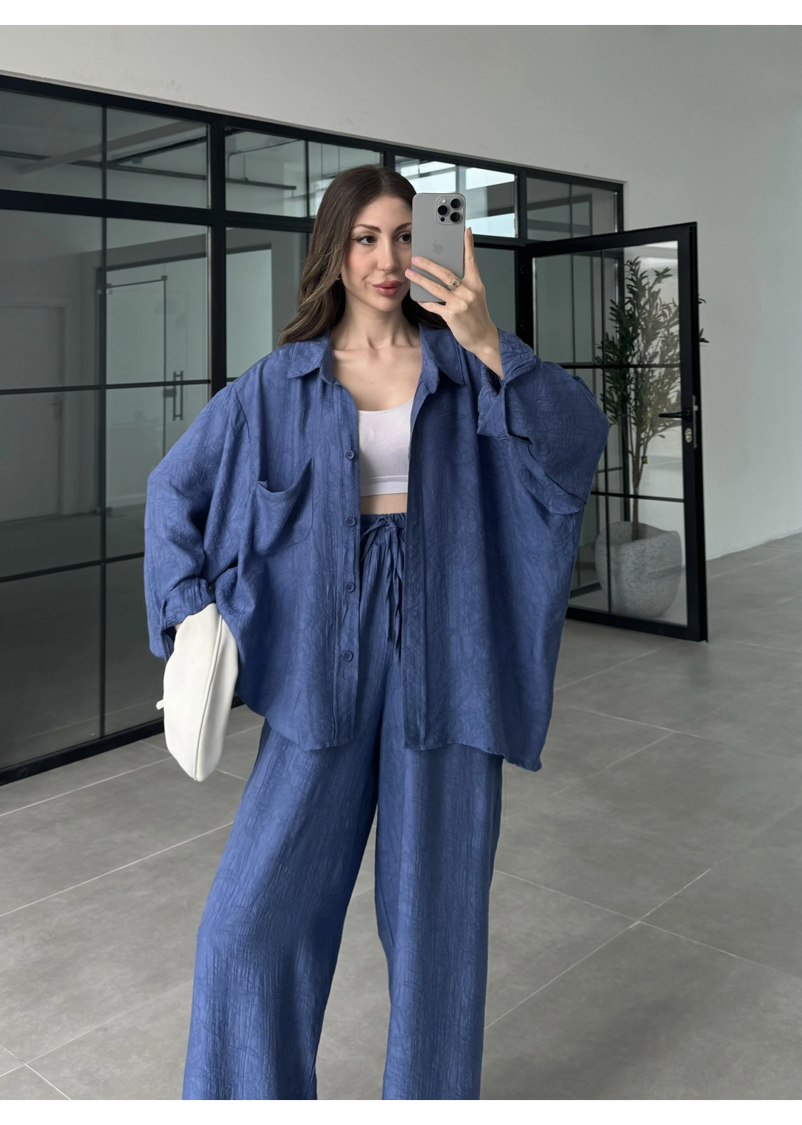 İthal Kumaş Desenli Oversize Saks Mavi Gömlek Takım