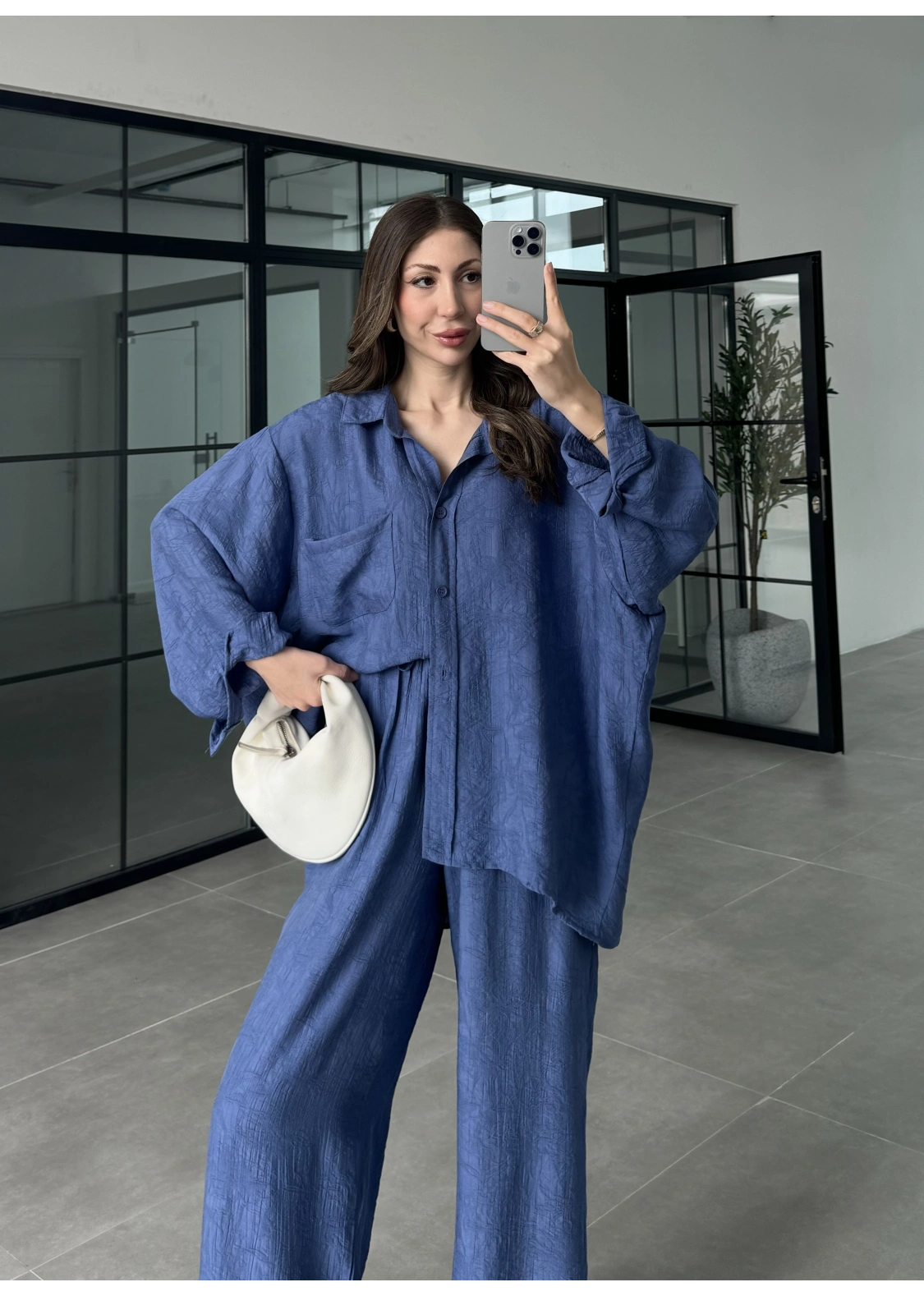 İthal Kumaş Desenli Oversize Saks Mavi Gömlek Takım