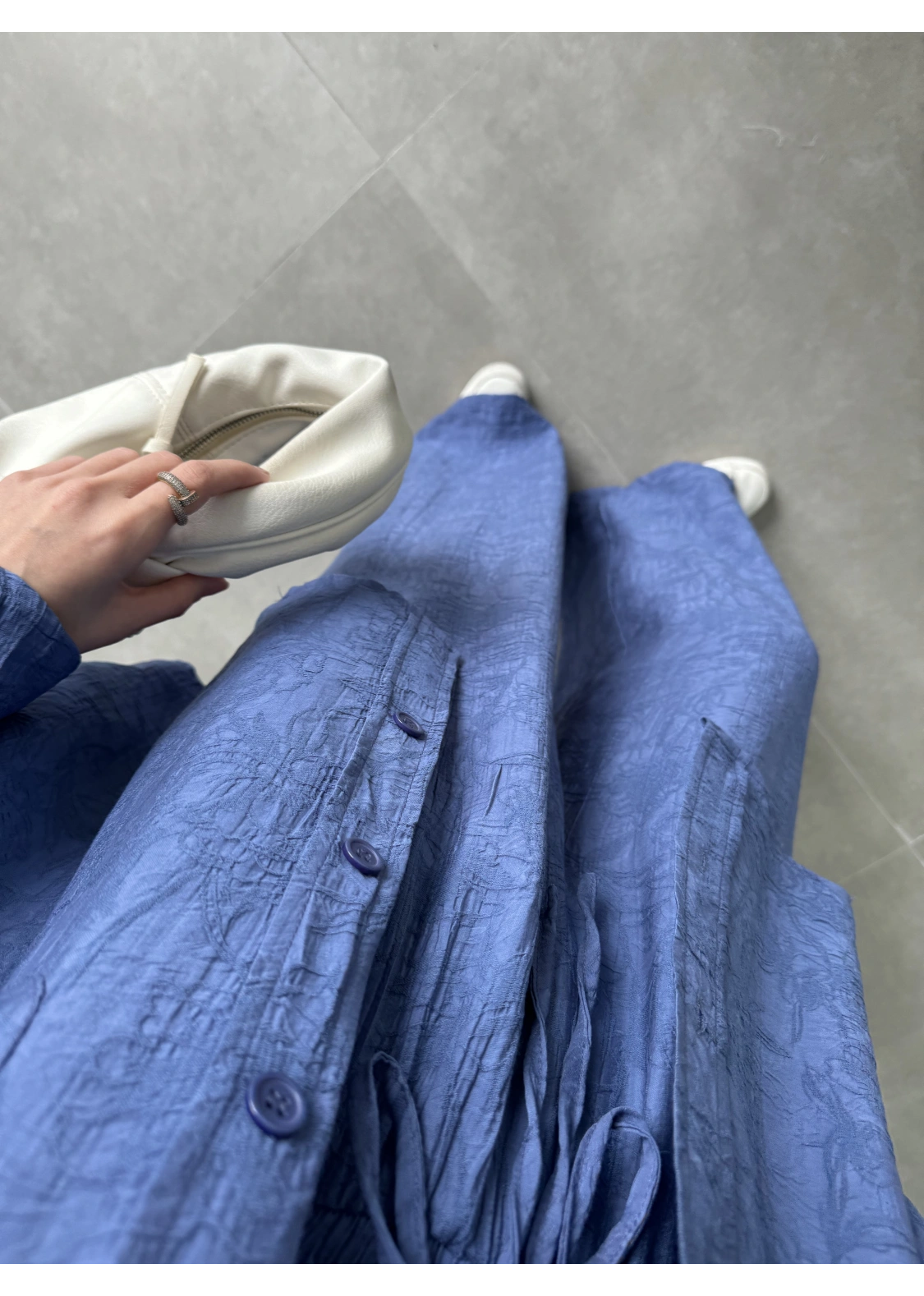 İthal Kumaş Desenli Oversize Saks Mavi Gömlek Takım
