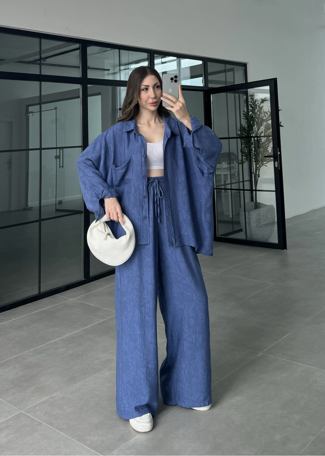 İthal Kumaş Desenli Oversize Saks Mavi Gömlek Takım