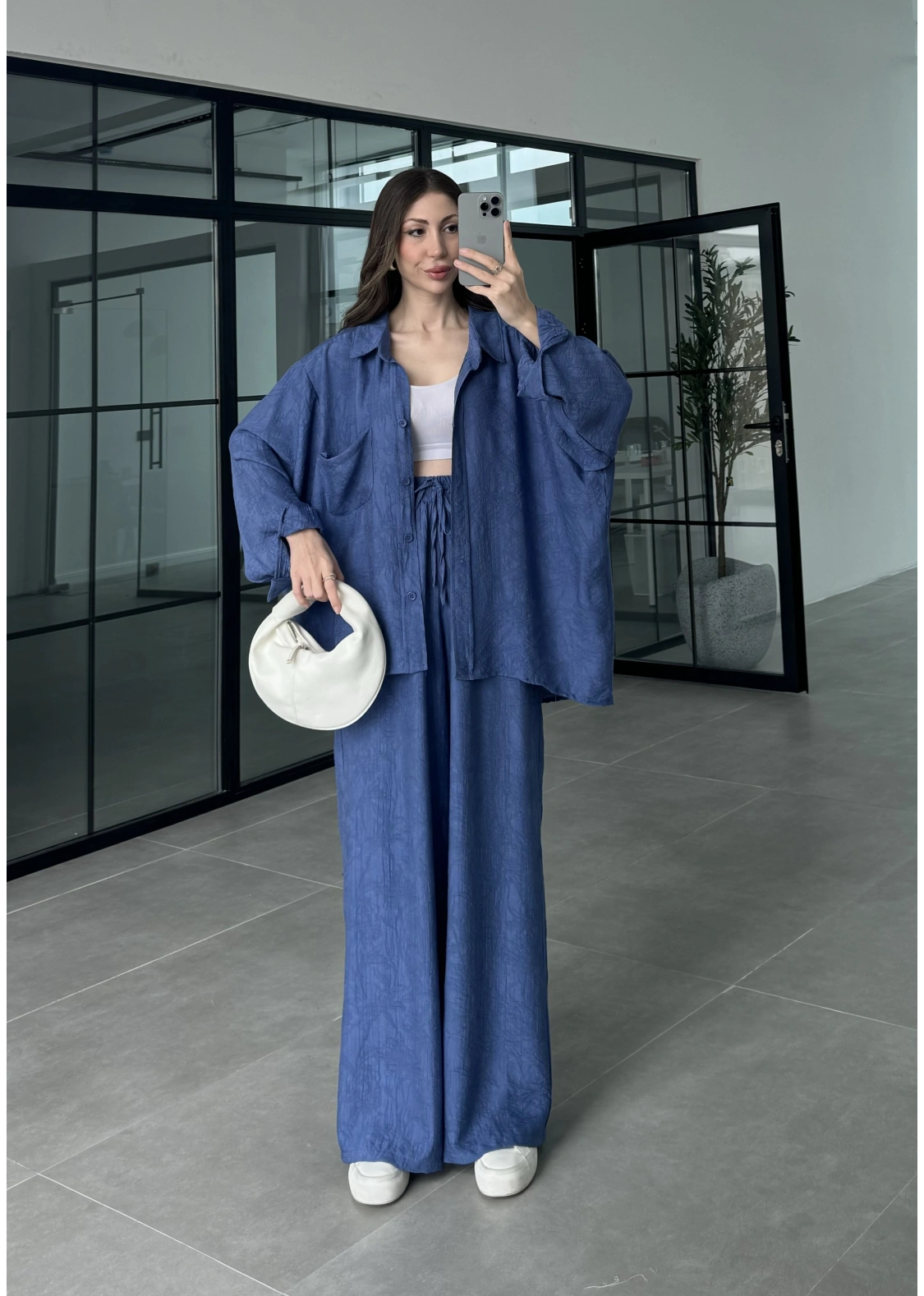 İthal Kumaş Desenli Oversize Saks Mavi Gömlek Takım