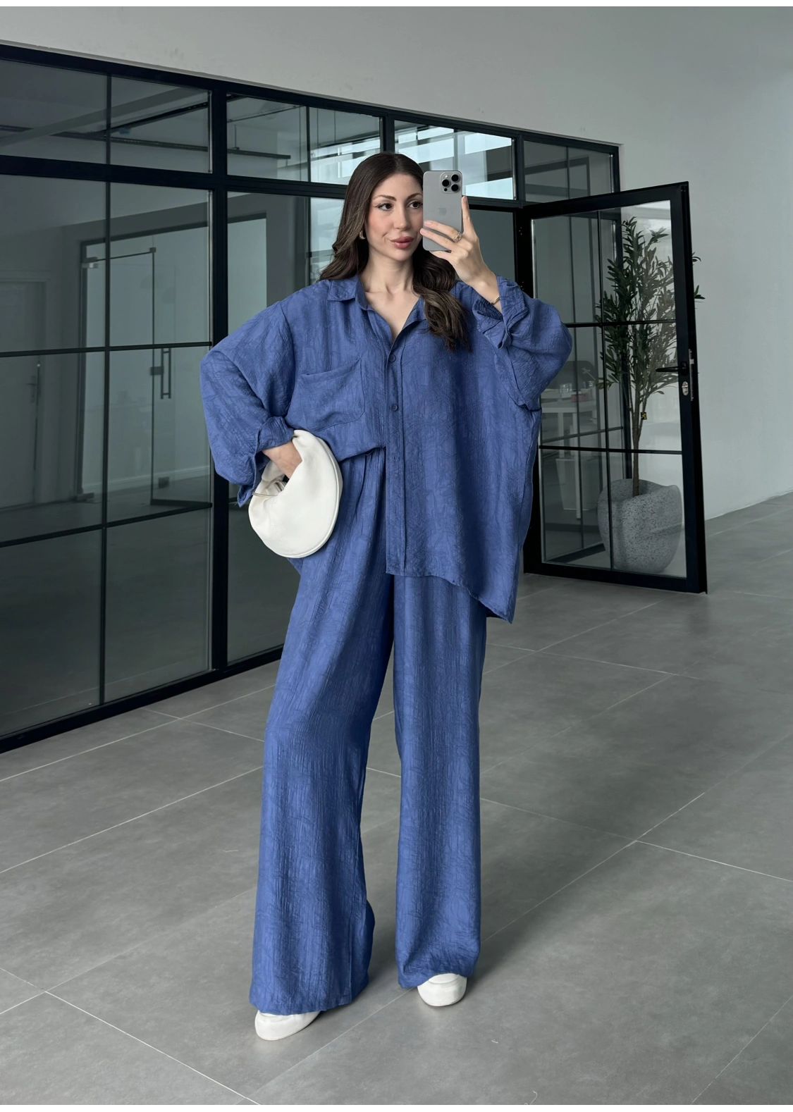 İthal Kumaş Desenli Oversize Saks Mavi Gömlek Takım