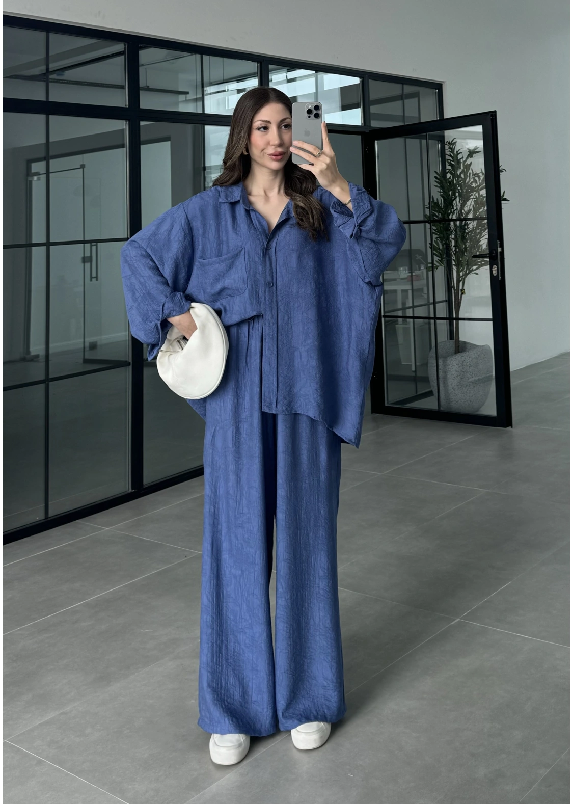 İthal Kumaş Desenli Oversize Saks Mavi Gömlek Takım