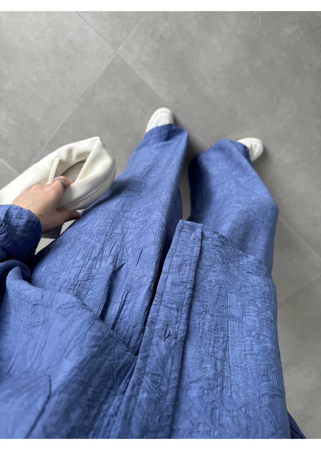 İthal Kumaş Desenli Oversize Saks Mavi Gömlek Takım