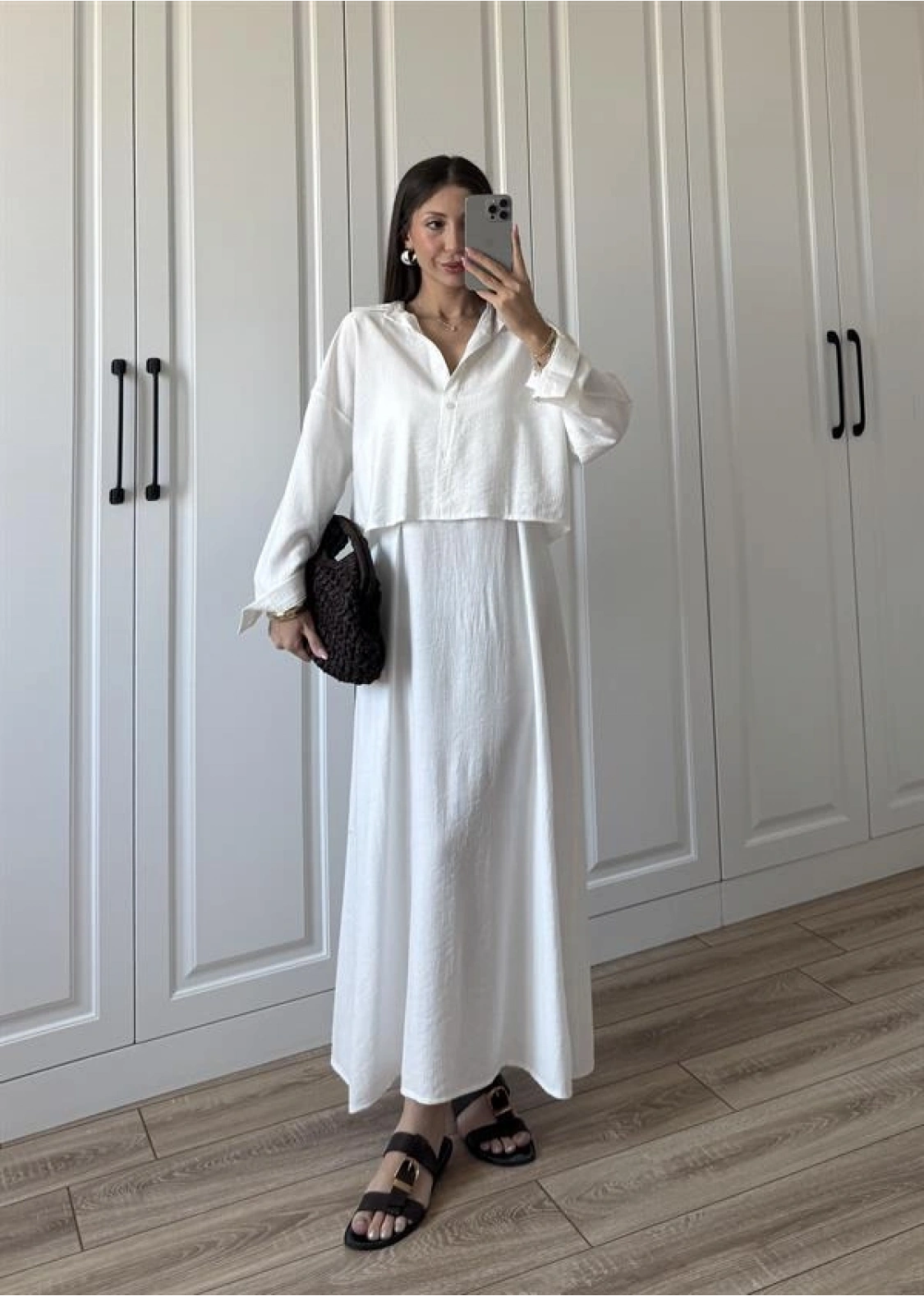 İthal Kumaş Premium Askılı Beyaz Gömlek Elbise