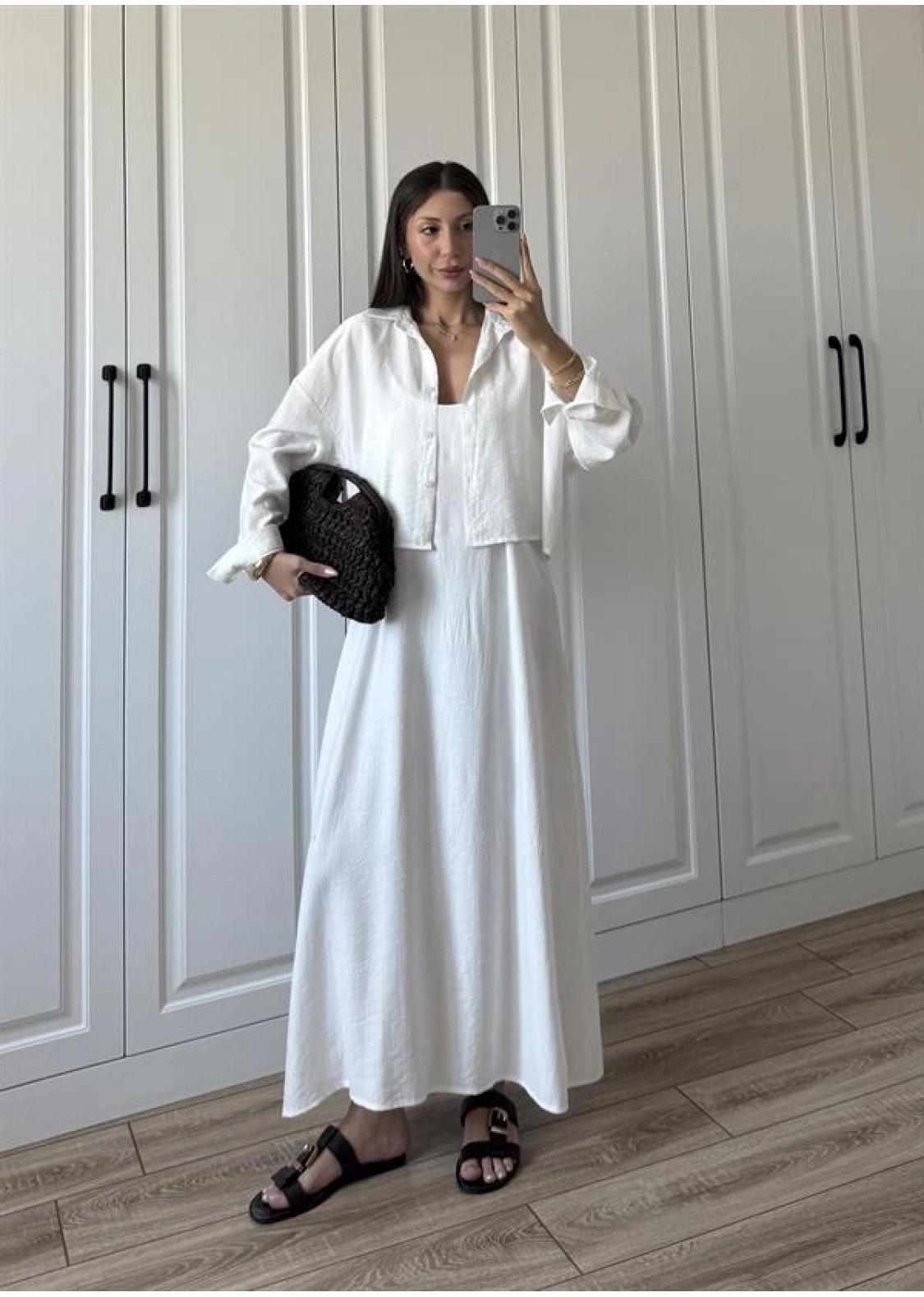 İthal Kumaş Premium Askılı Beyaz Gömlek Elbise